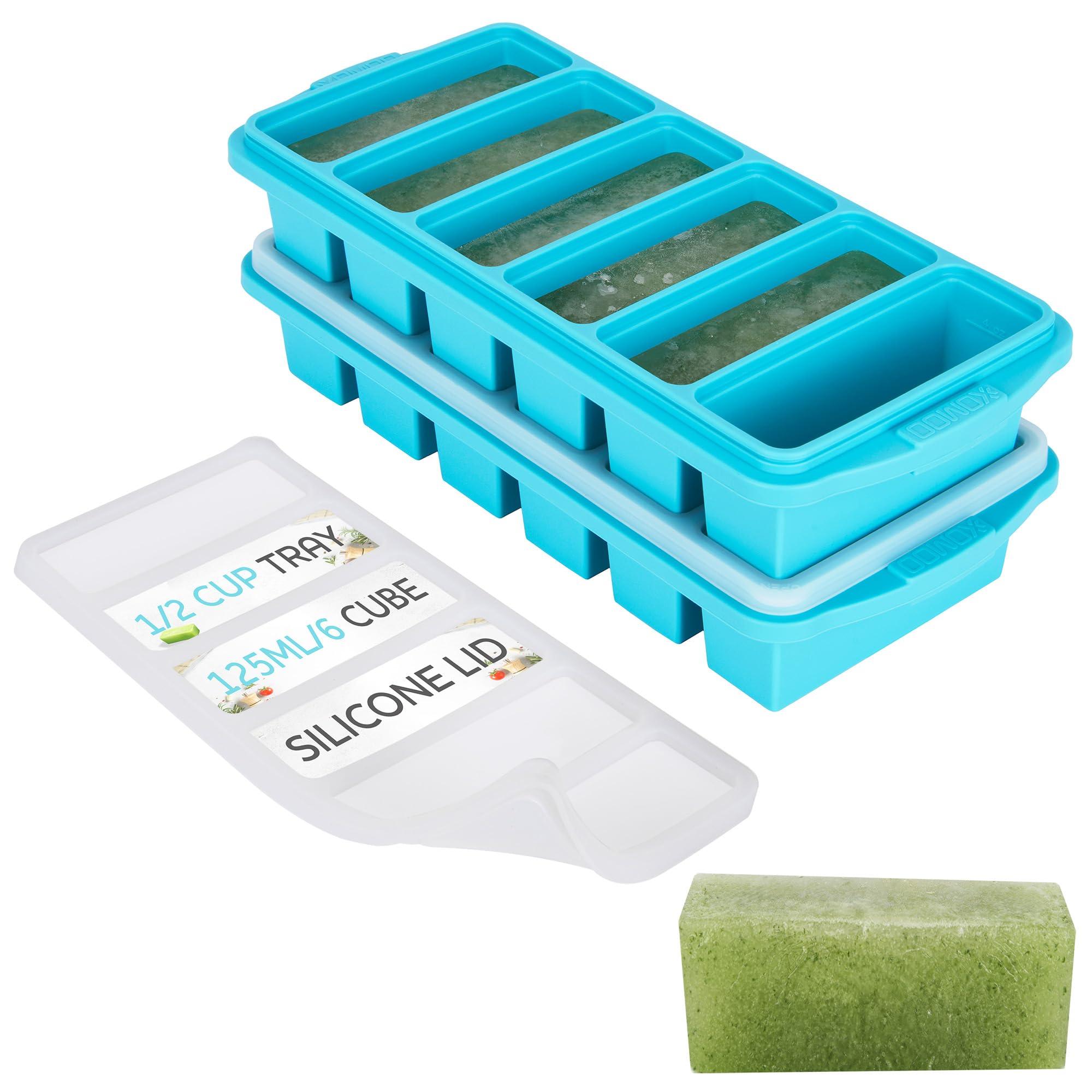 Xomoo 1/2 Cup Silicone Freezer Tray With Lid - Silicone Freezer Molds 2-Pack For meal prep & freezing of various sauces and other dishes, makes 12 perfect 1/2 cup portions cubes,oven and dishwasher safe