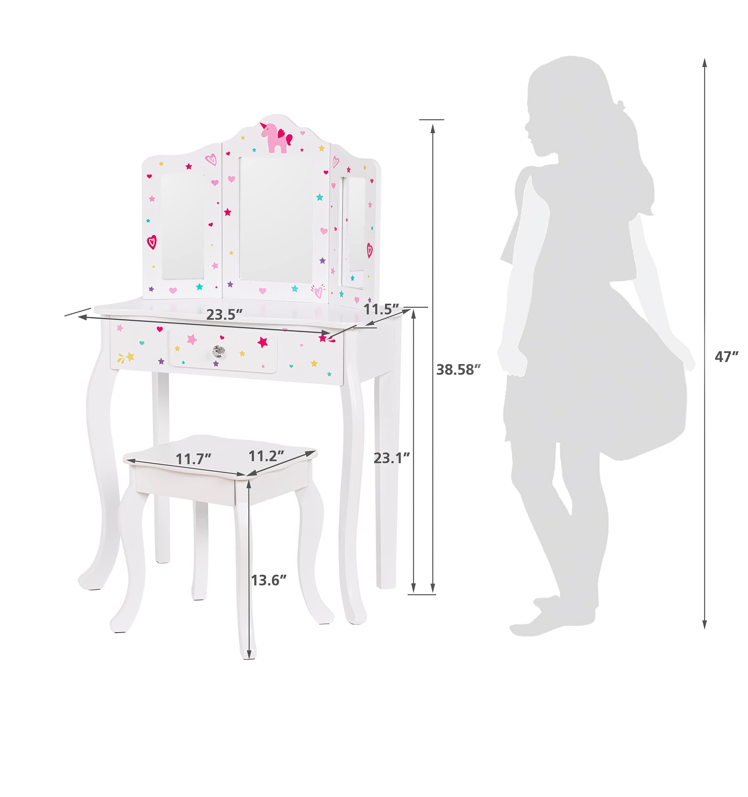 UTEX UTEX Pretend Play Kids Vanity Table and Chair Vanity Set with Mirror Makeup Dressing Table with Drawer, Play Vanity Set,White