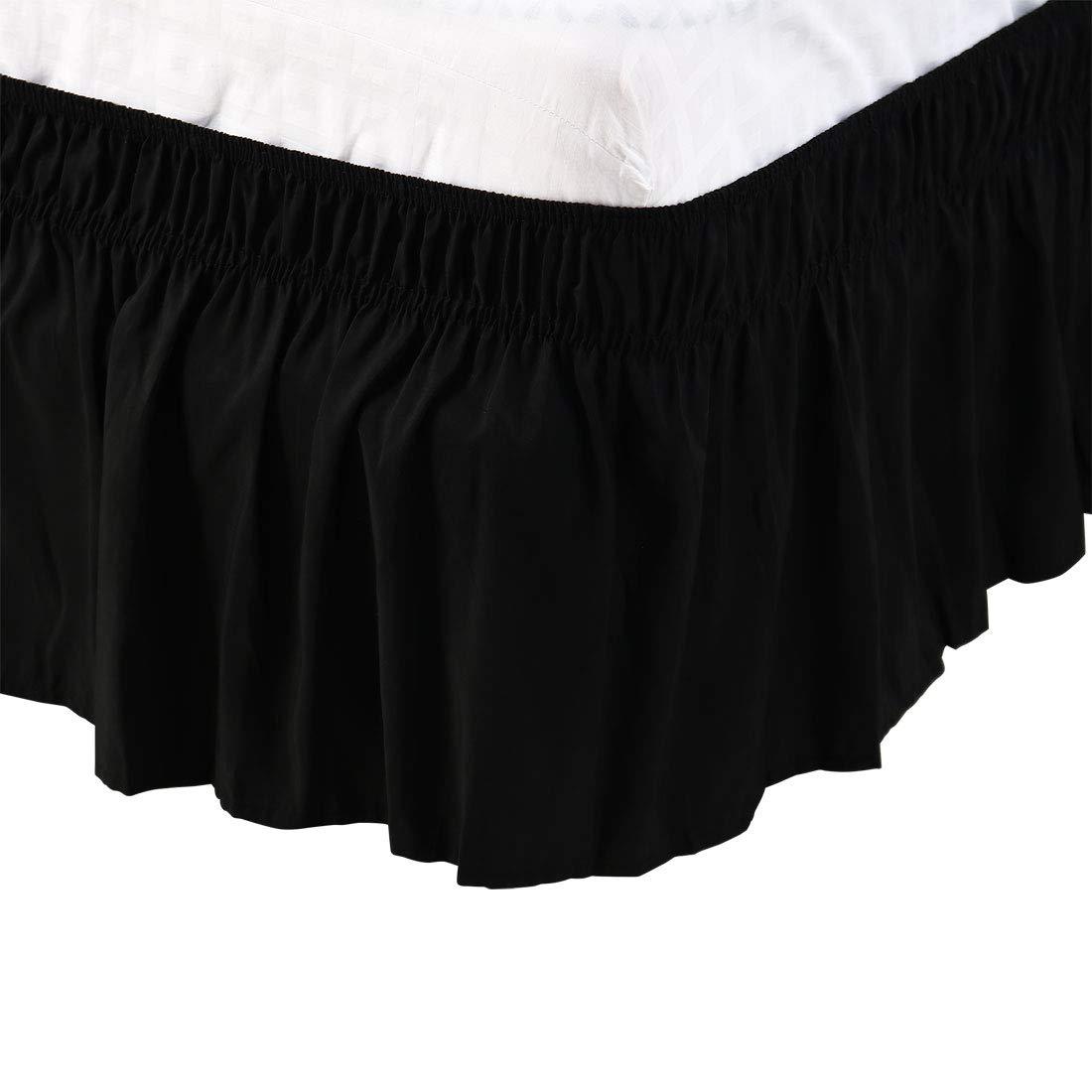 Versatile Bedding Bed Skirt - Wrap Around Bed Skirts Elastic Dust Ruffles, Easy Fit Wrinkle and Fade Resistant Luxurious Fabric Solid Color, Black Short Queen Size Beds 21 Inches Drop