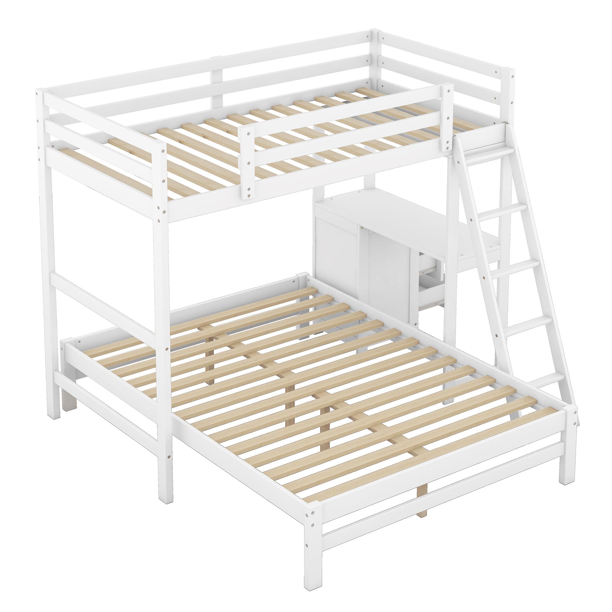 YOPTO YOPTO Twin Over Full Bunk Bed with Built-in Desk and Three Drawers,Pine Wood Convertible Twin Over Full L-Shaped Loft Bunk Bed Frame for Kids Teens Adults,White