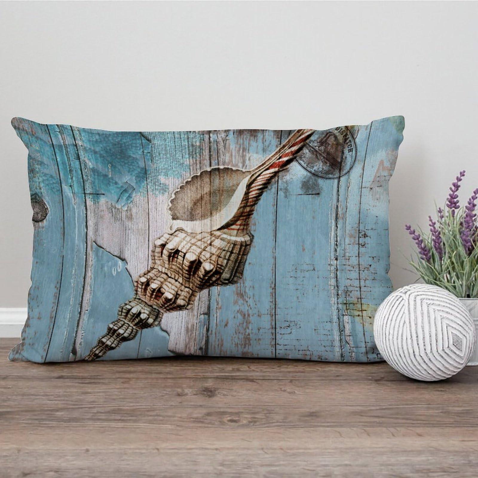 luckluccy luckluccy Conch Beach Pillow Cover Blue Wood Grain Lumbar Pillowcases Beach Themed 12x16in Decorative Pillow Home Cotton Linen Mediterranean Style Pillow Cover for Sofa Couch Bedroom Living Room