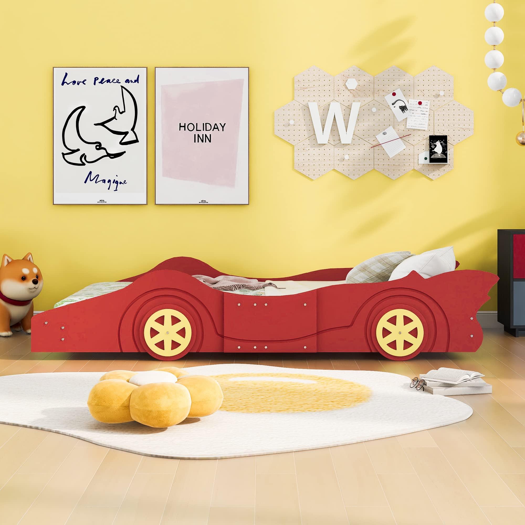 SOFTSEA SOFTSEA Twin Size Race Car Bed with Wheels, Car Shaped Platform Bed for Kids, Wood Car Bed Frame with Guardrails, Twin Car Shaped Bed for Kids Boys, No Box Spring Needed, Red