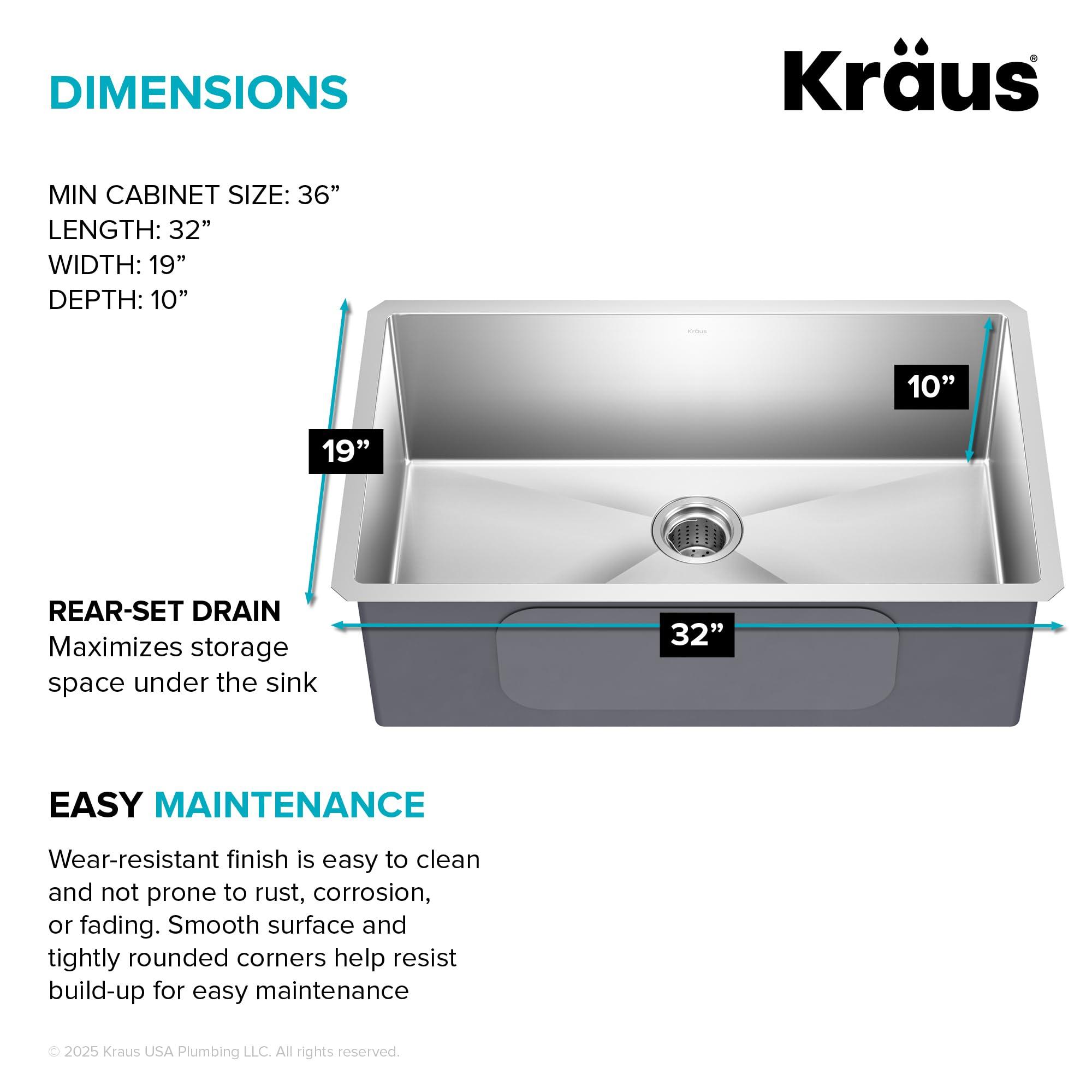 Kraus Kraus KHU100-32 Standart PRO 16 Gauge Undermount Single Bowl Stainless Steel Kitchen Sink, 32 Inch