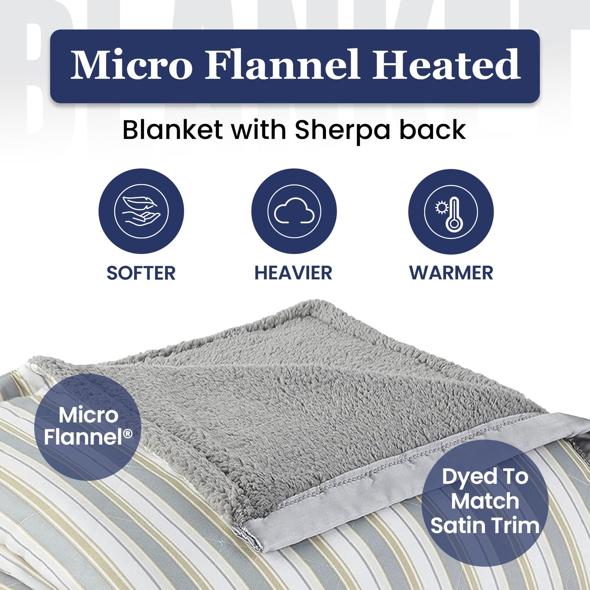 Thermee Thermee Micro Flannel Heated Blanket with Sherpa back, 10-Setting Electric Blanket Twin Size, Programmable Heating Blanket, Ultra-Soft Heated Throw Blanket, Fast Heating Thermal Blanket - City Stripe