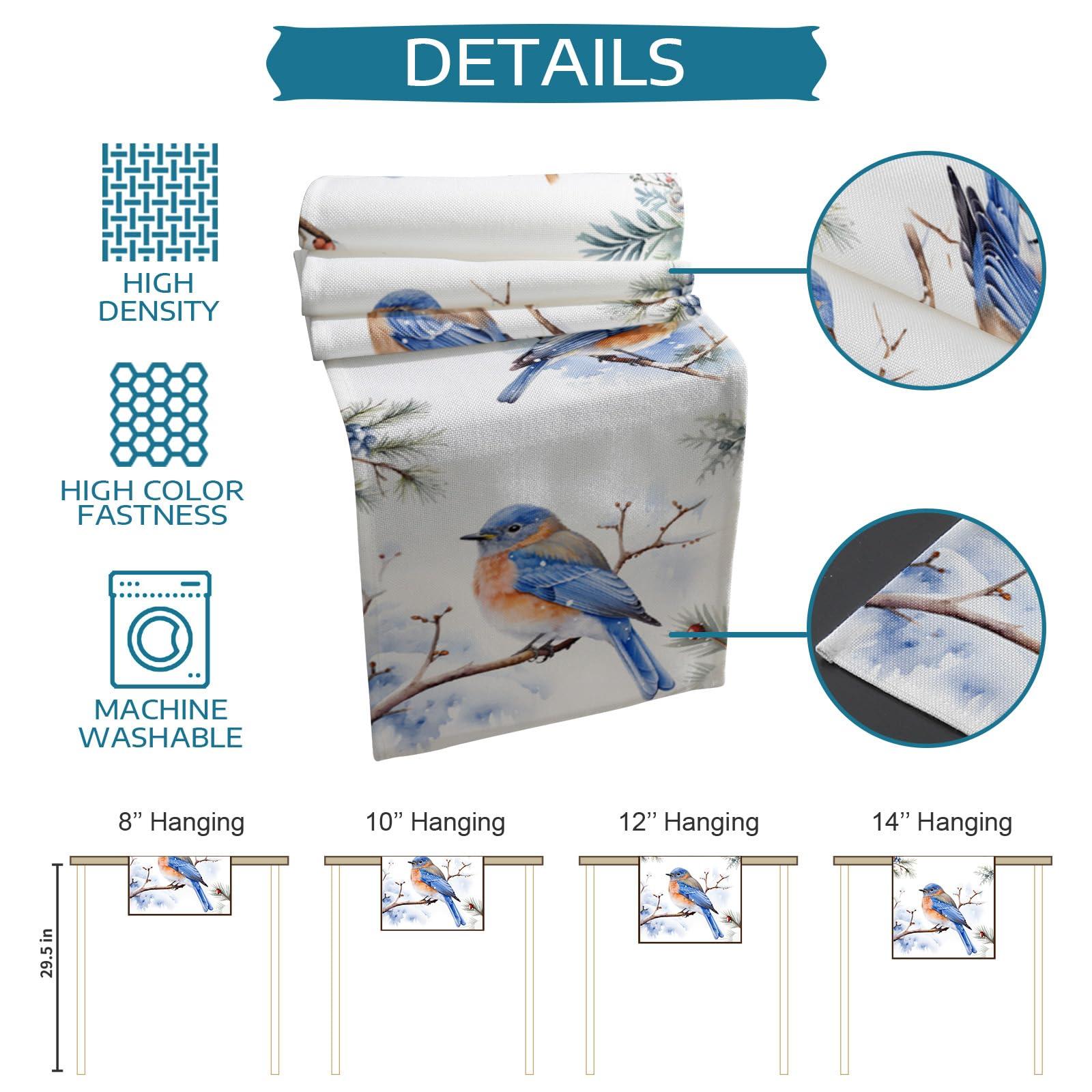 PIEPLE Blue Christmas Bird Table Runner-Cotton Linen-36 Inch Holiday Dresser Scarves, Winter Berry Snowy Pine Cones Tablerunner for Kitchen Coffee/Dining Bedroom Home Living Room Dinner Scarf Dcor 13x36