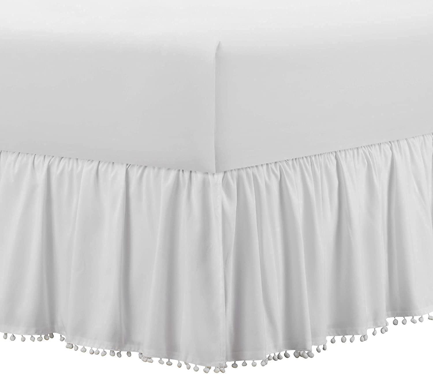 Silver Cotton Full Size Pom Pom Ruffle Daybed Skirt 100% Egyptian Cotton, 15 Inch Deep Pocket with Split Corners for Day Beds, Easy Fit, Three Side Coverage, Solid White
