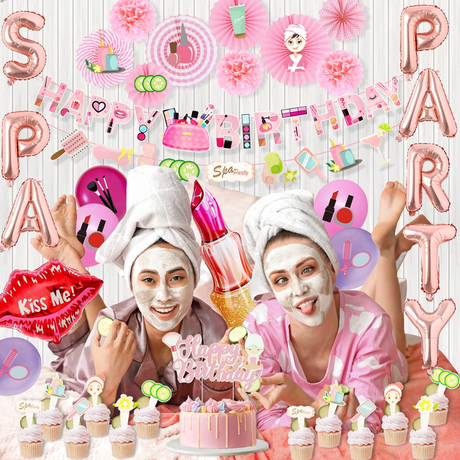 Hombae Hombae Spa Party Supplies for Girls, Spa Makeup Birthday Party Decorations Pink Spa Day Salon Themed Lipstick Cosmetics Fan Cutout Pom Happy Birthday Banner Balloon Cake Cupcake Topper