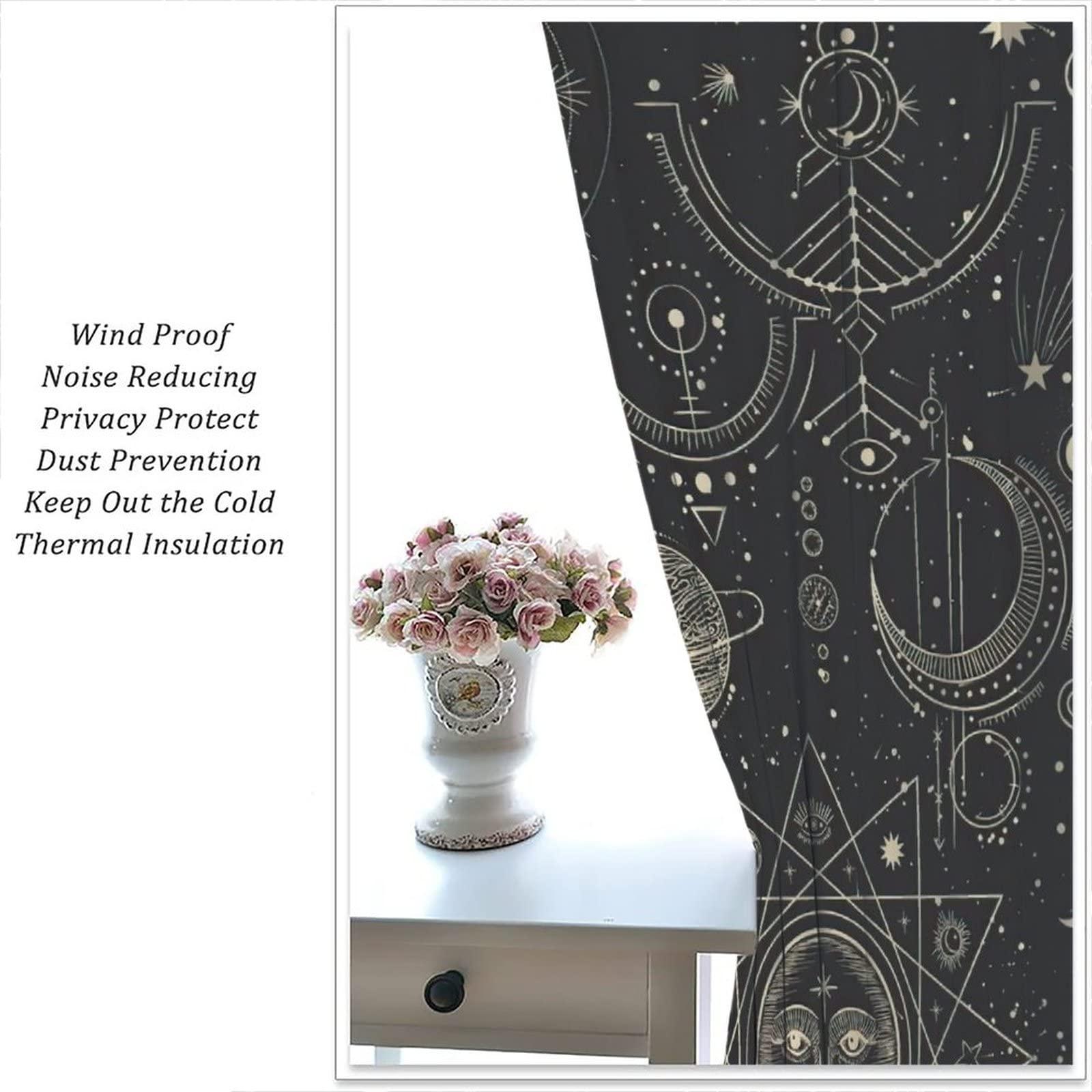gaoyaqing Sun and Moon Star Curtains, Bohemian Chic Art Gold Sun Moon and Stars in Black Sky Antique Style 2 Panel Bedroom Blackout Curtains Decorate The Room 84x84in