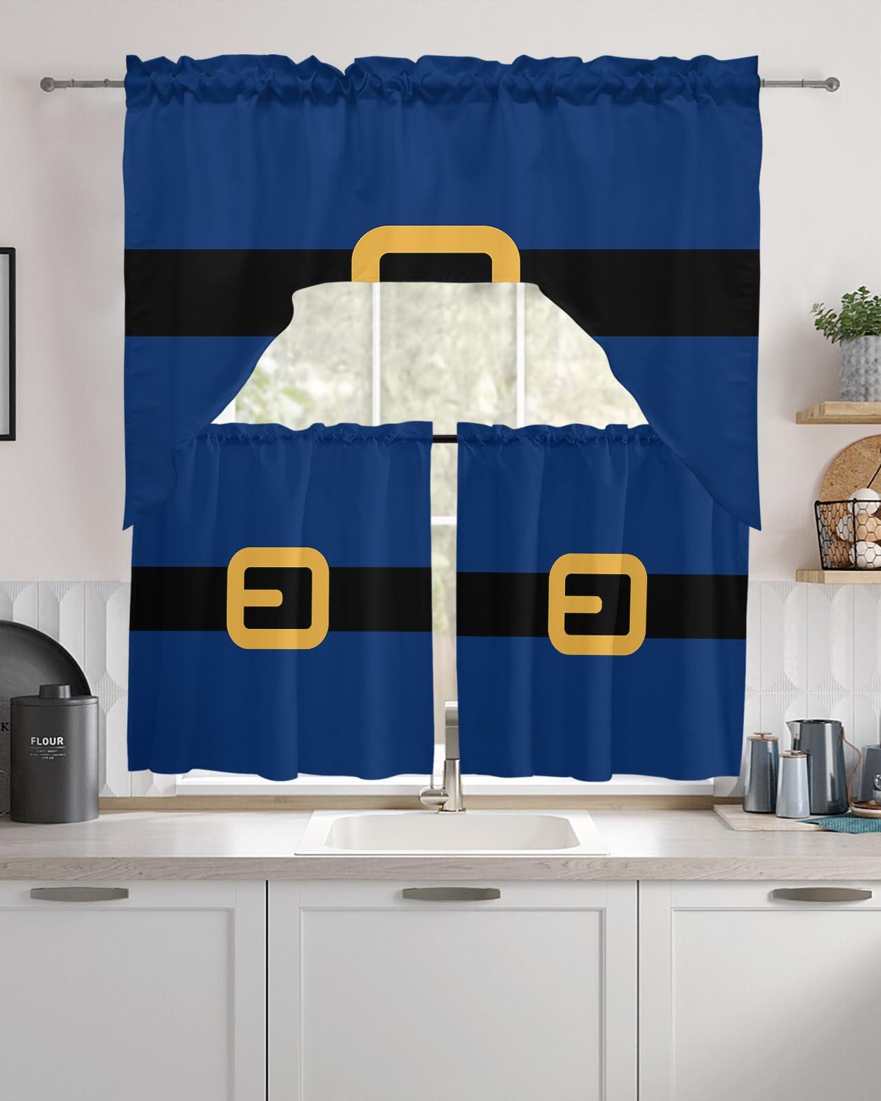 AMZRicher AMZRicher Santa Claus Belt Kitchen Curtains Swag Valance and Tier Curtains Set 36 Inch Length, Merry Christmas Navy Blue Rod Pocket Drape Panels Pair Swag Curtains for Bathroom/Cafe/Window