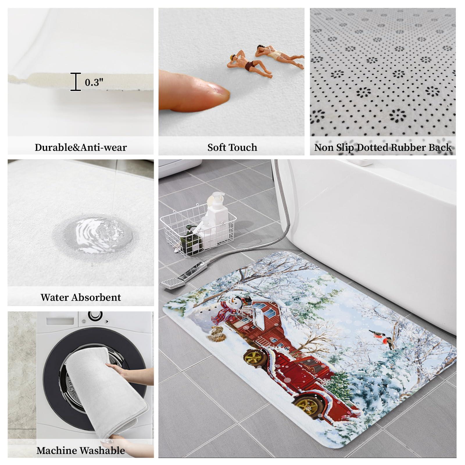 Chucoco Farm Christmas Kitchen Floor Mats, Red Barn House Truck with Snowman 2 PCS Anti Fatigue Area Runner Rugs Set Winter Forest Non-Slip Bathroom Comfort Standing Mat Home Decor