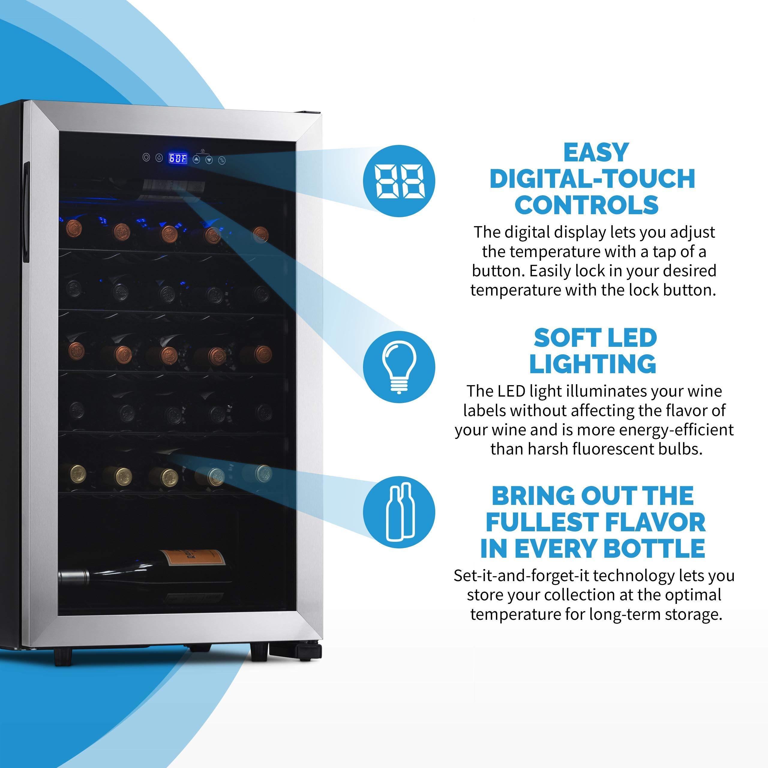 NewAir NewAir Compressor Wine Cooler Refrigerator in Stainless Steel | 33 Bottle Capacity | Freestanding or Built-In Fridge | UV Protected Glass Door with Digital Thermostat NWC033SS01
