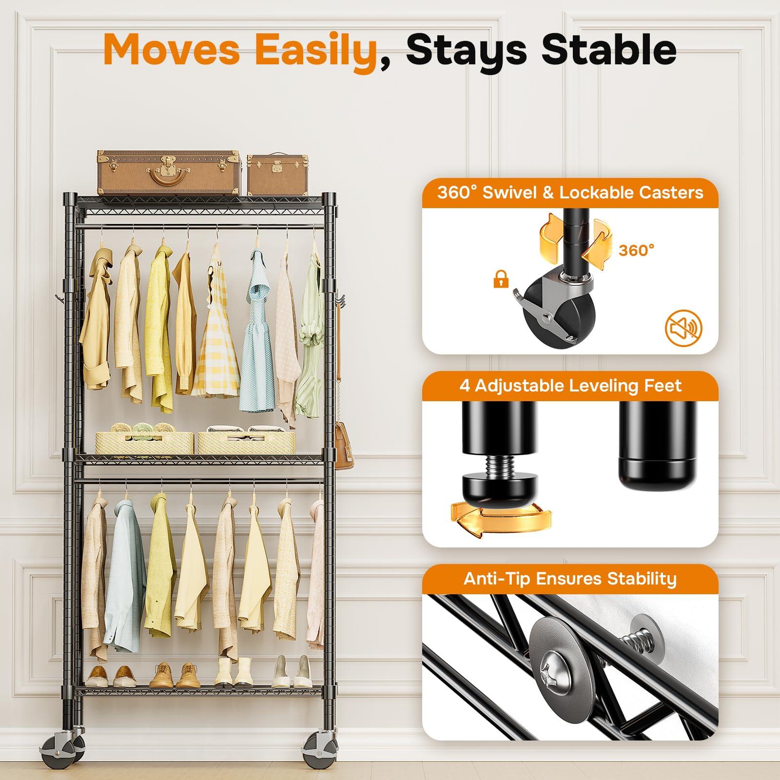 Simple Deluxe Simple Deluxe Rolling Clothes Rack, Heavy Duty Clothing Rack, 3-Shelf Portable Adjustable Wardrobe Closet with Wheels, Hanging Rods & Side Hooks, 29.5" W x 15.7" D x 75.6" H, Black