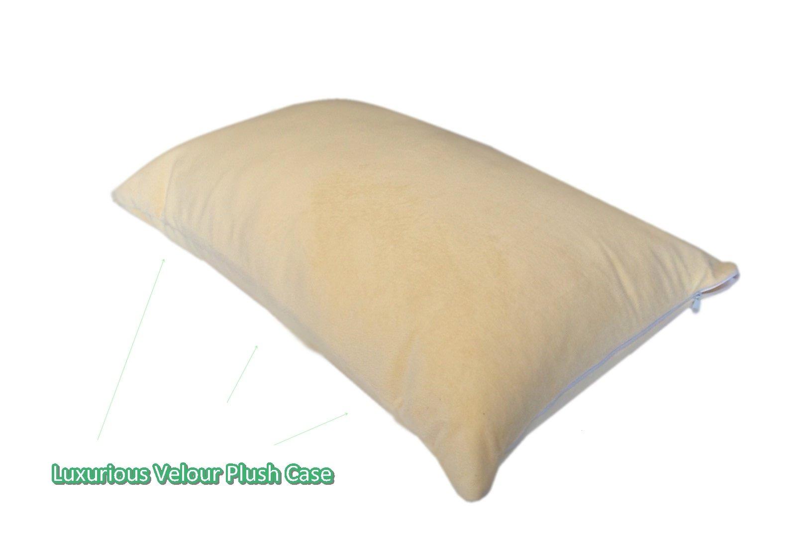 eConsumersUSA Micro Cushion Gel Memory Foam Queen Bed Sleep Firm Pillow Dual Zone Case with Beige Plush Velour Luxurious Comfort Cover