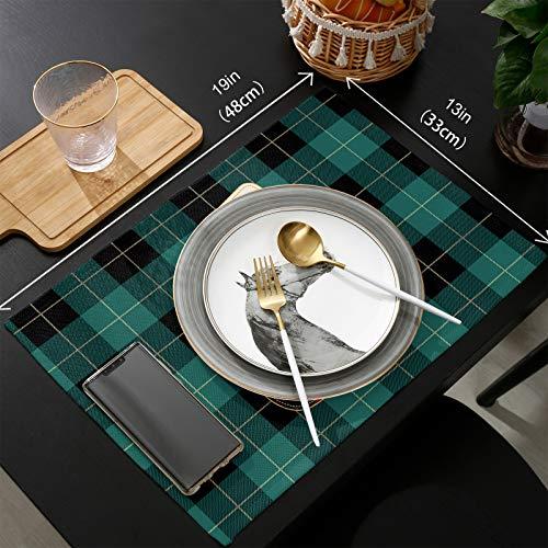 QueenKer Christmas Table Runner Placemats Set of 6 Xmas Reindeer Green Red Black Buffalo Plaid 90 Inches Long Table Place Mats for Holiday Kitchen Dining Wedding Farmhouse Party Home Decoration