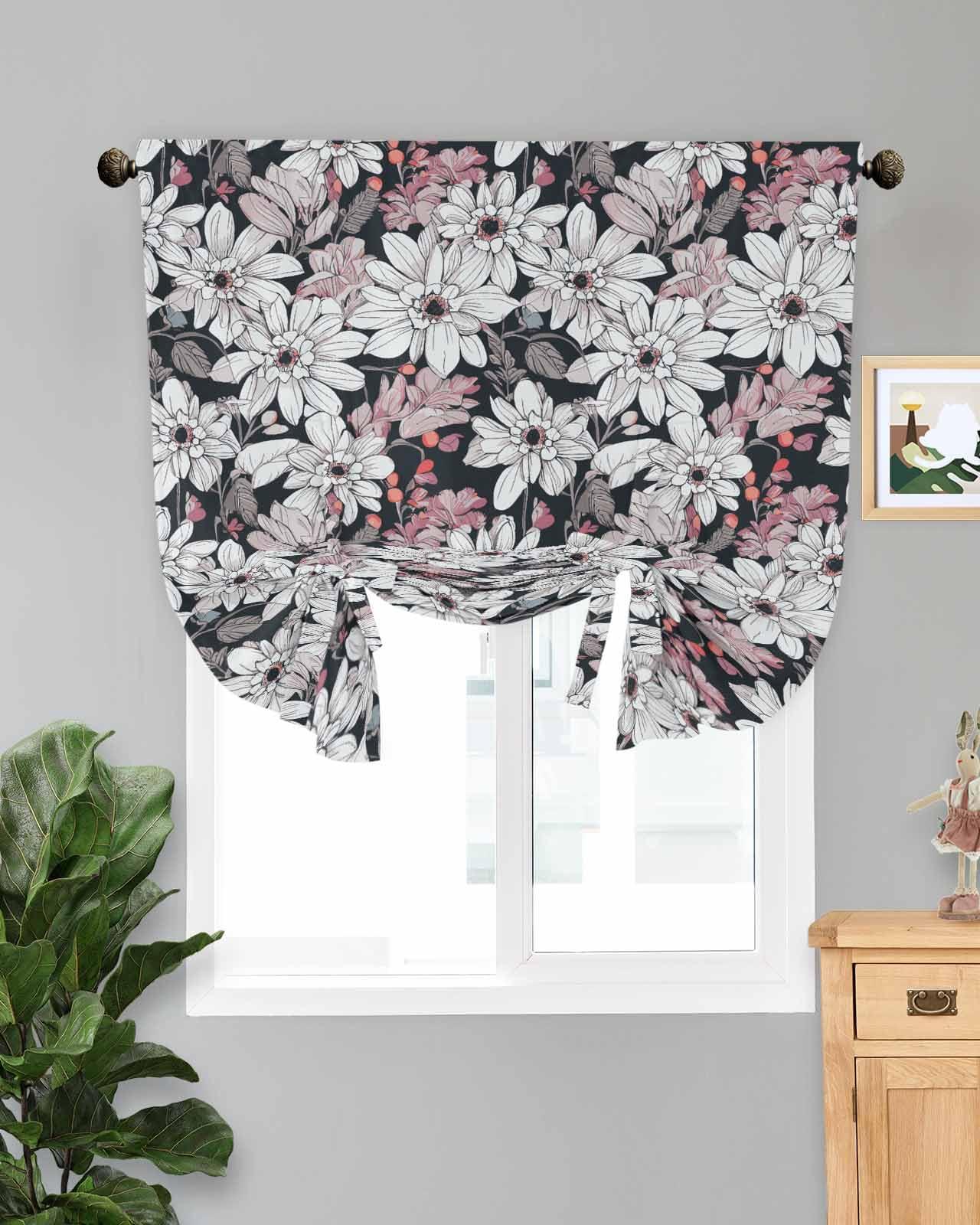 Anzona Anzona Kitchen Tie Up Curtains for Windows, Red White Spring Floral Adjustable Balloon Nature Linen Textured Curtain, Summer Botanical Classic Black Insulated Shades for Window Treatments, 42" x 54"