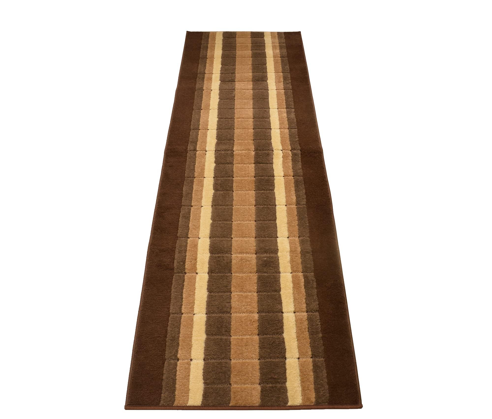 RugStylesOnline Washable Custom Size Runner Rug Squares Geometric Design Extra Long Runner Rugs for Hallways 26 Inch Wide x Pick Your Size by Feet Slip Skid Resistant Rubber Back (Square Brown, 24 ft x 26 in)