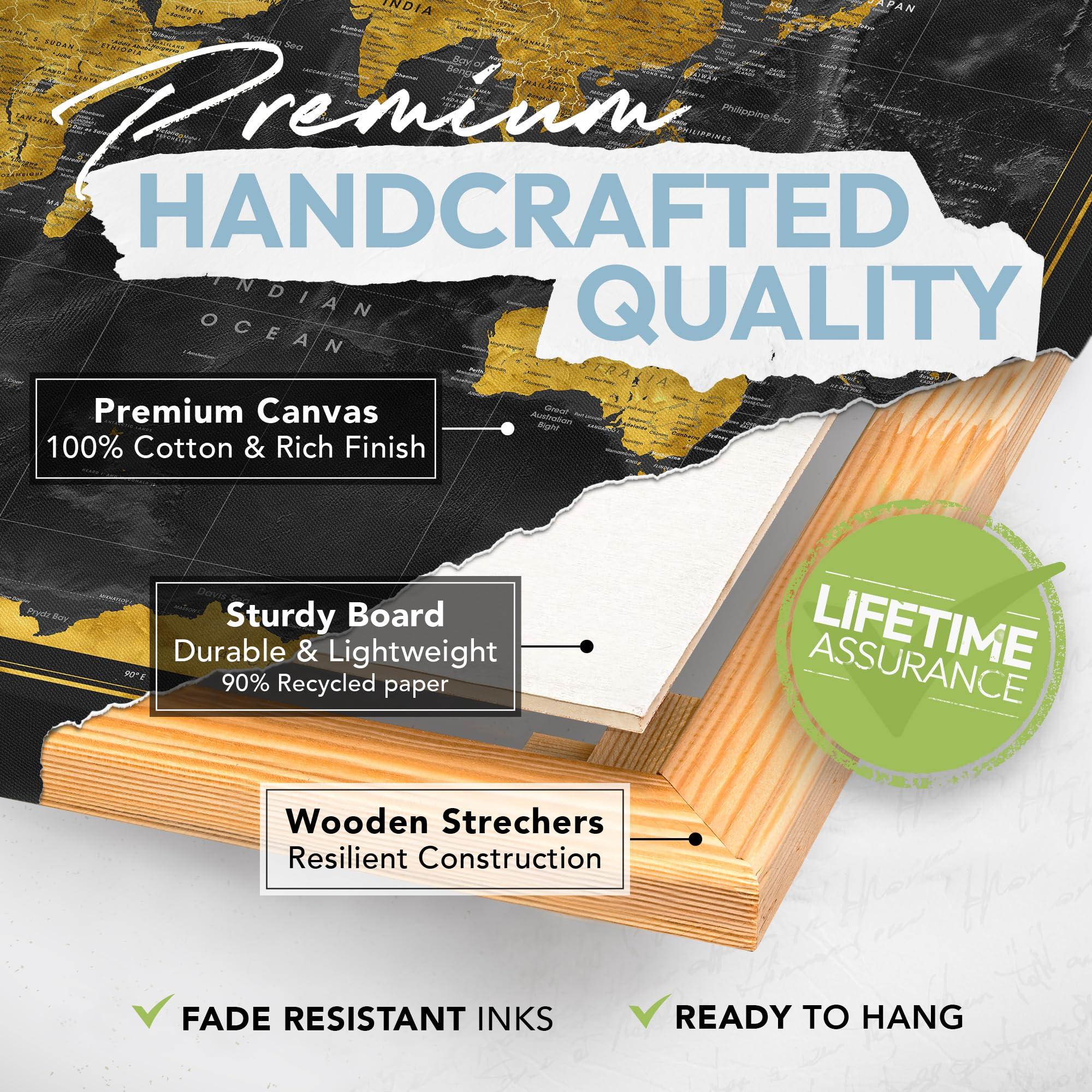 Pin Adventure map Push Pin World map with pins to mark travels - World Map pinboard - Gift for traveler & interior decor (40 x 30, Midnight Gold)