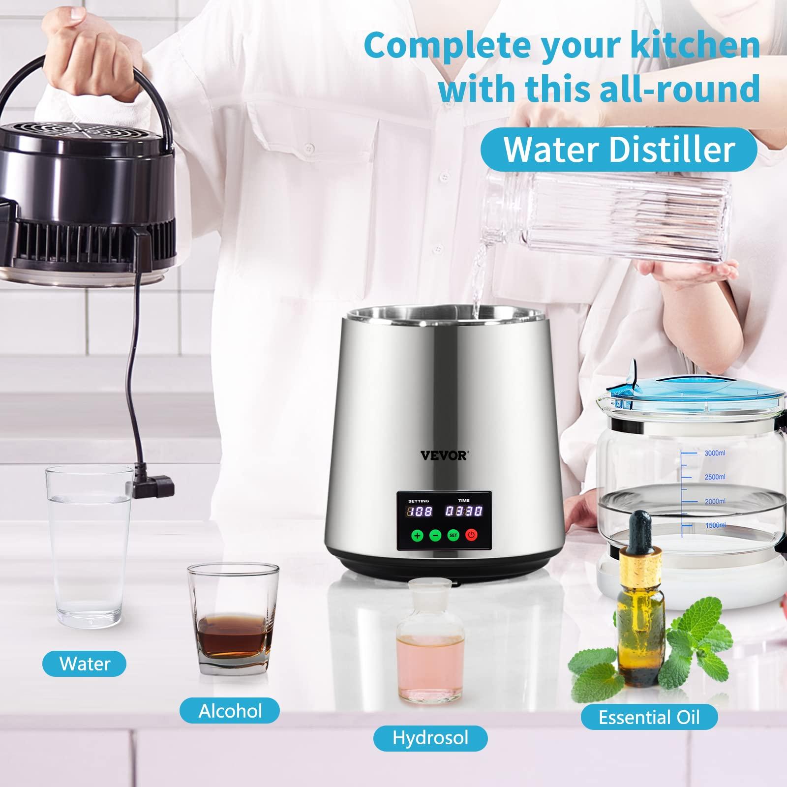 VEVOR VEVOR 1.1 Gal Water Distiller, 0.3 Gal/H, Distilled Water Maker Machine 750W 0-99H Timing Set Temp Display, 304 Stainless Steel Countertop Distiller Glass Carafe Cleaning Powder 3 Carbon Packs, Silver