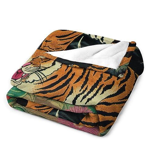 MangGou MangGou Oriental Toile Chinoiserie Flannel Blanket Animal Tiger Stripe Pink Floral Throw Blankets Colorful Flower Animal Print Tiger Throw Blanket for Bed Home Decoraive Warm Blankets 40x50in