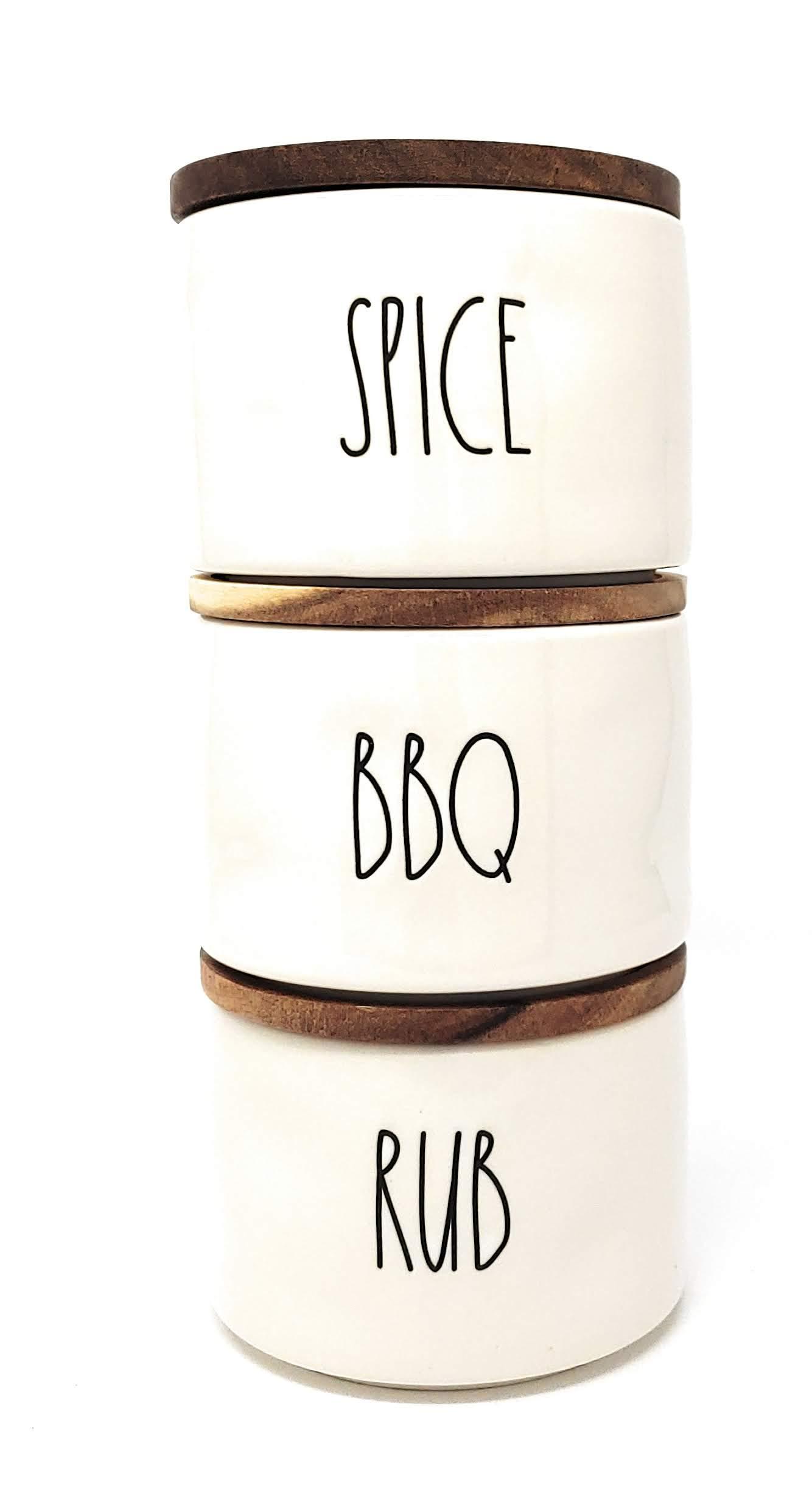 Magenta Collection Rae Dunn by Magenta, unique with perfect imperfections. SPICE, BBQ, RUB- Stacked ceramic canister set, beige, black LL, 10in x 4.25in x 4.25in