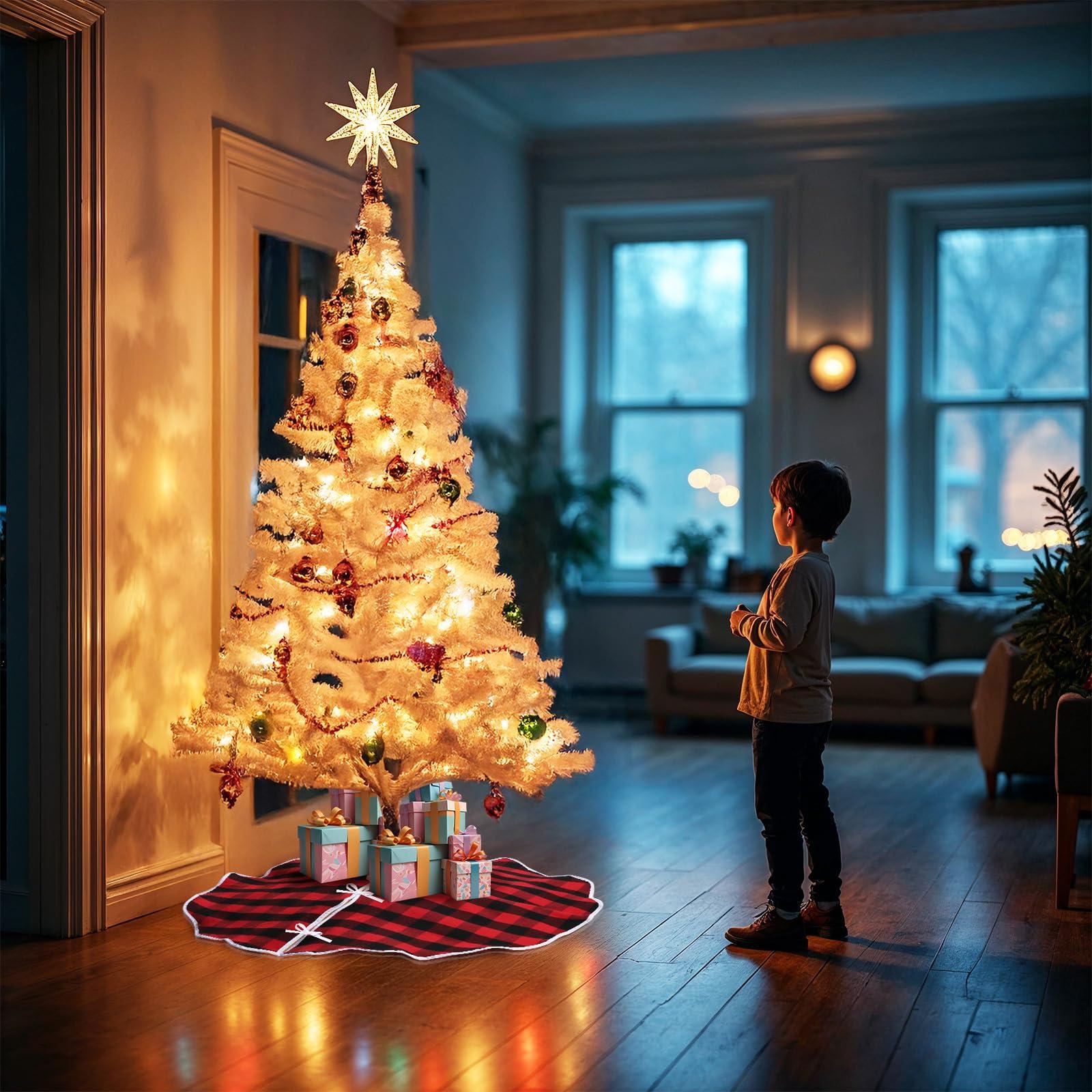 OurWarm OurWarm Christmas Tree Skirt 36 Inch, Buffalo Plaid Red Tree Skirt for 6ft Tree & 4ft Tree, Double Sided Burlap Tree Skirt Snowflake Xmas Tree Skirts for Pencil Tree Boho Rustic Farmhouse Decor