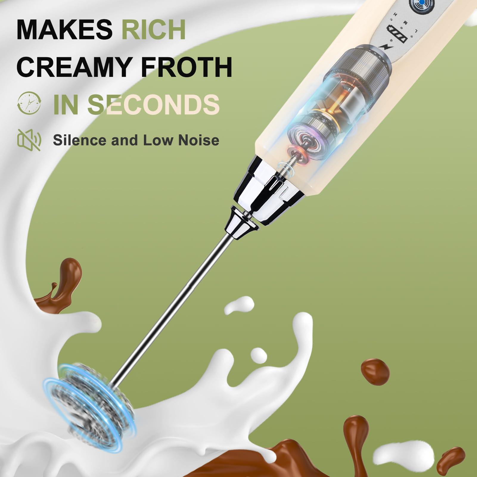 YUSWKO YUSWKO Beige Handheld Milk Frother Wand with Stand for Coffee, Rechargeable Electric Whisk with 3 Heads 3 Speeds Drink Mixer Coffee Frother For Latte, Cappuccino, Hot Chocolate, Egg