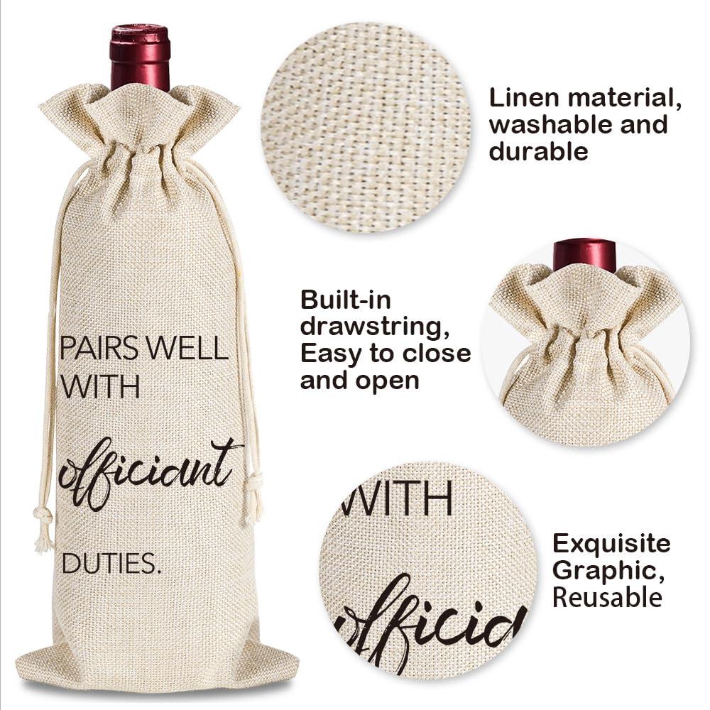 YAANUNULU YAANUNULU Wedding Gifts for Officiant, Wedding Officiant Wine Bag for Wedding Day, Best Officiant Ever, Pairs Well With Wedding Officiant, Drawstring Burlap Wine Bag, 1 Wine Bag with 1 Thankful Card