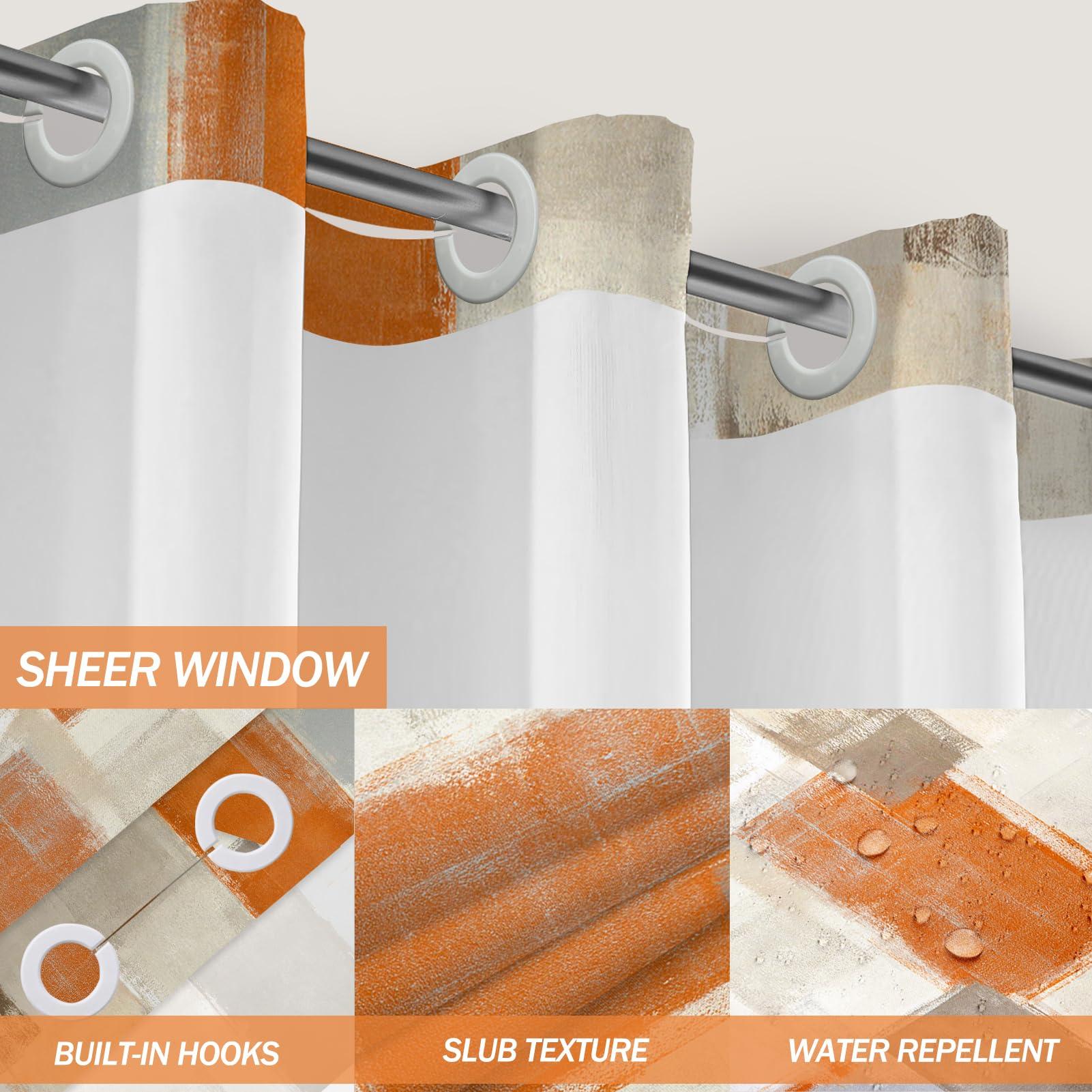 Lnond Lnond No Hook Shower Curtain with Snap in Liner, Abstract Hookless Shower Curtain, Orange Grey Shower Curtain No Hooks,Machine Washable, 71\" (W) X 74\" (H)