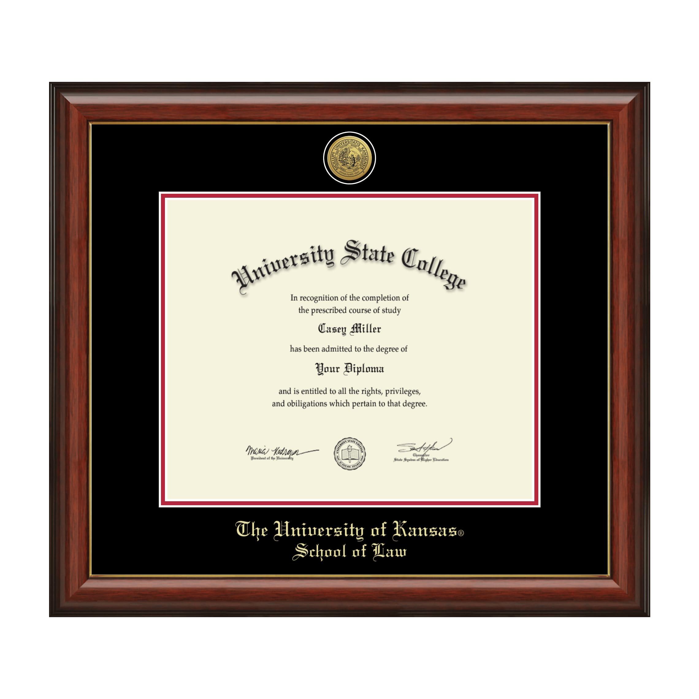Framerly Framerly - The University of Kansas School of Law 17\" w x 14\" h Diploma Frame - Fits a phd - Gold Engraved Medallion Diploma Frame - Cherry Moulding with Black and Red Matting - Officially Licensed
