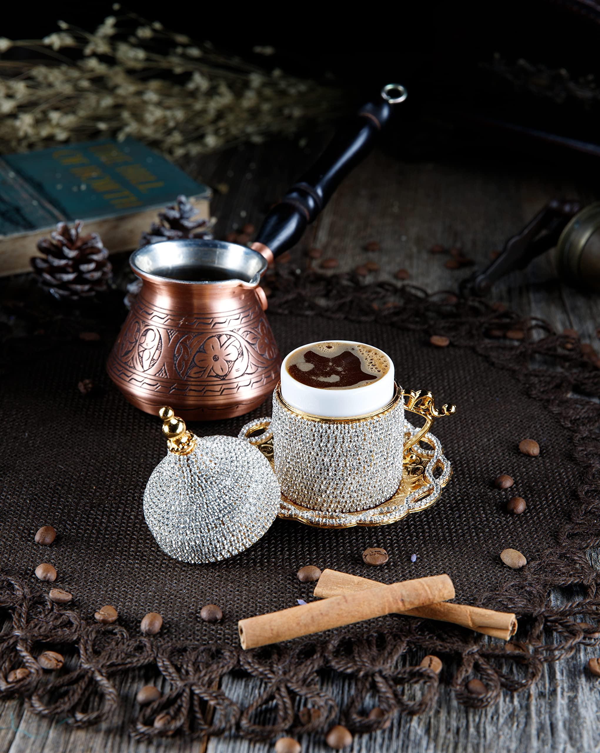 DEMMEX DEMMEX Turkish Coffee & Espresso Cup, Fancy Turkish Greek Arabic Coffee Cup with Inner Porcelain, Metal Holder, Saucer and Lid, Handmade with Crystals, 2 Oz - 60ml (Gold with Crystals)