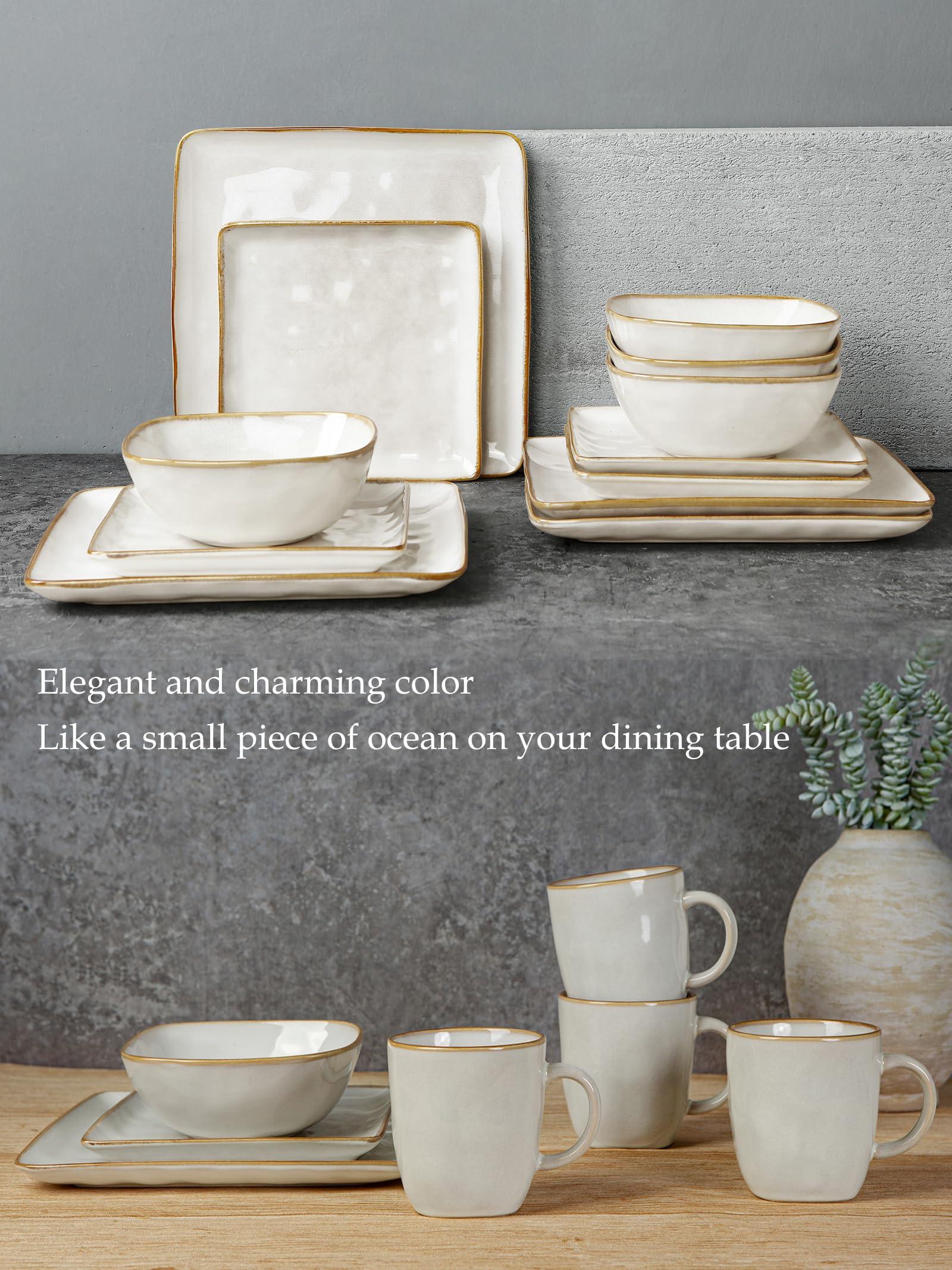 famiware Famiware Ocean Square Plates and Bowls Set, 18 Pieces Dinnerware Sets, Dishes Set for 6, Microwave and Dishwasher Safe, Scratch Resistant, Cappuccino White