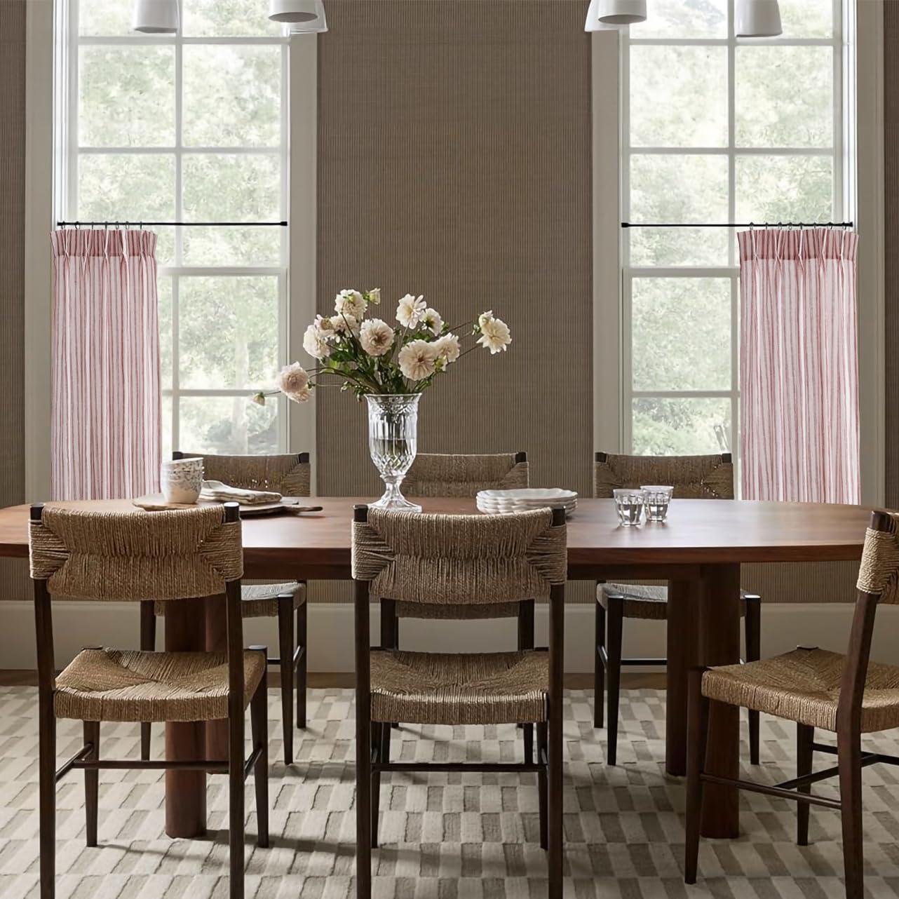 LIMON HOME LIMON HOME Red Kitchen Curtains 36 inch Length,Burgundy Striped Pinch Pleat Curtain,Christmas Curtains for Kitchen RV Basement Window with Hooks Rings 2 Panels Set