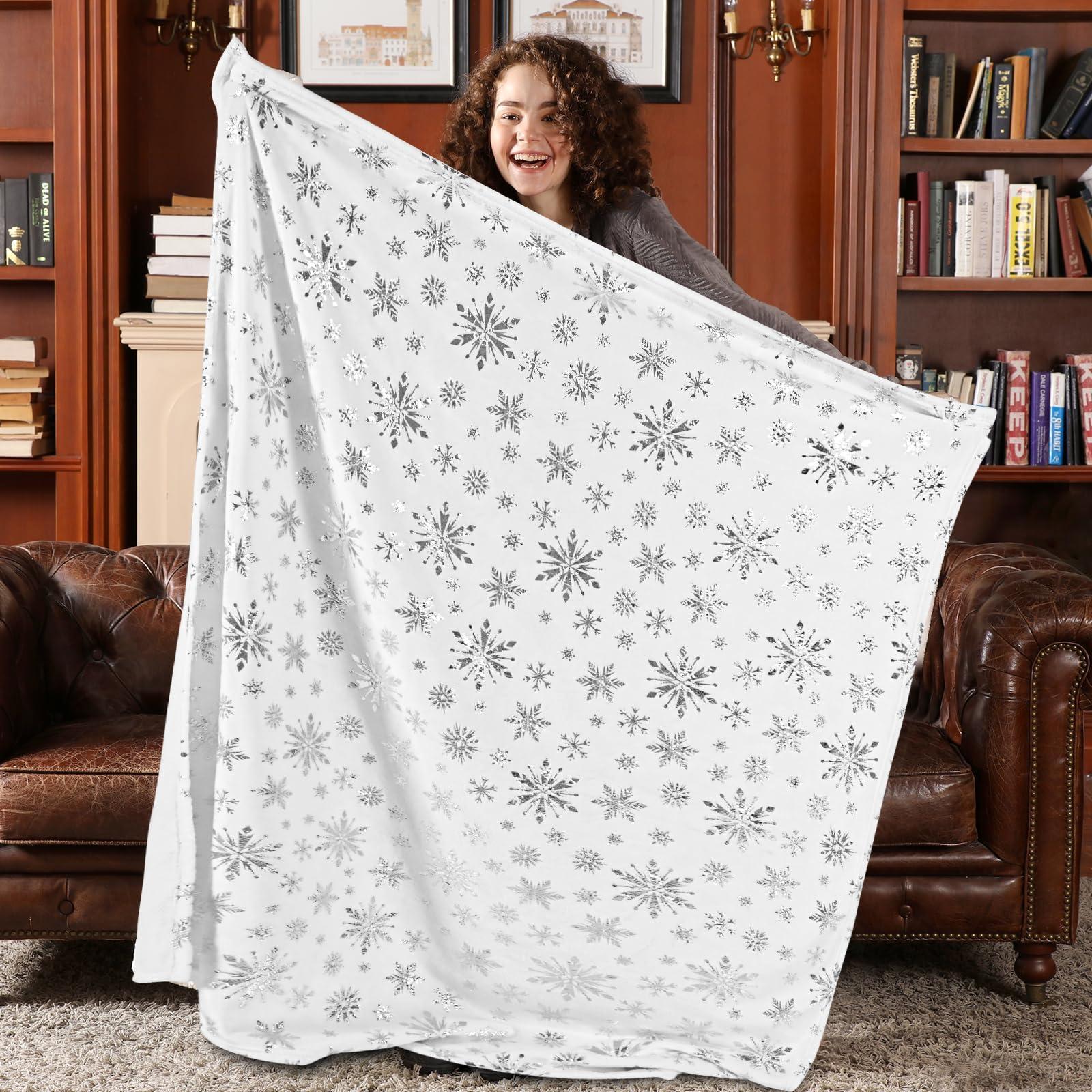 FRAMICS Merry Christmas Throw Blanket, Silver Snowflake Foil Print Throw Blankets, White Winter Fluffy Fleece Blanket for Couch Warm Bed Napping Flannel Blanket for Sofa Bedroom Gift Xmas Decor, 50\" x 60\"