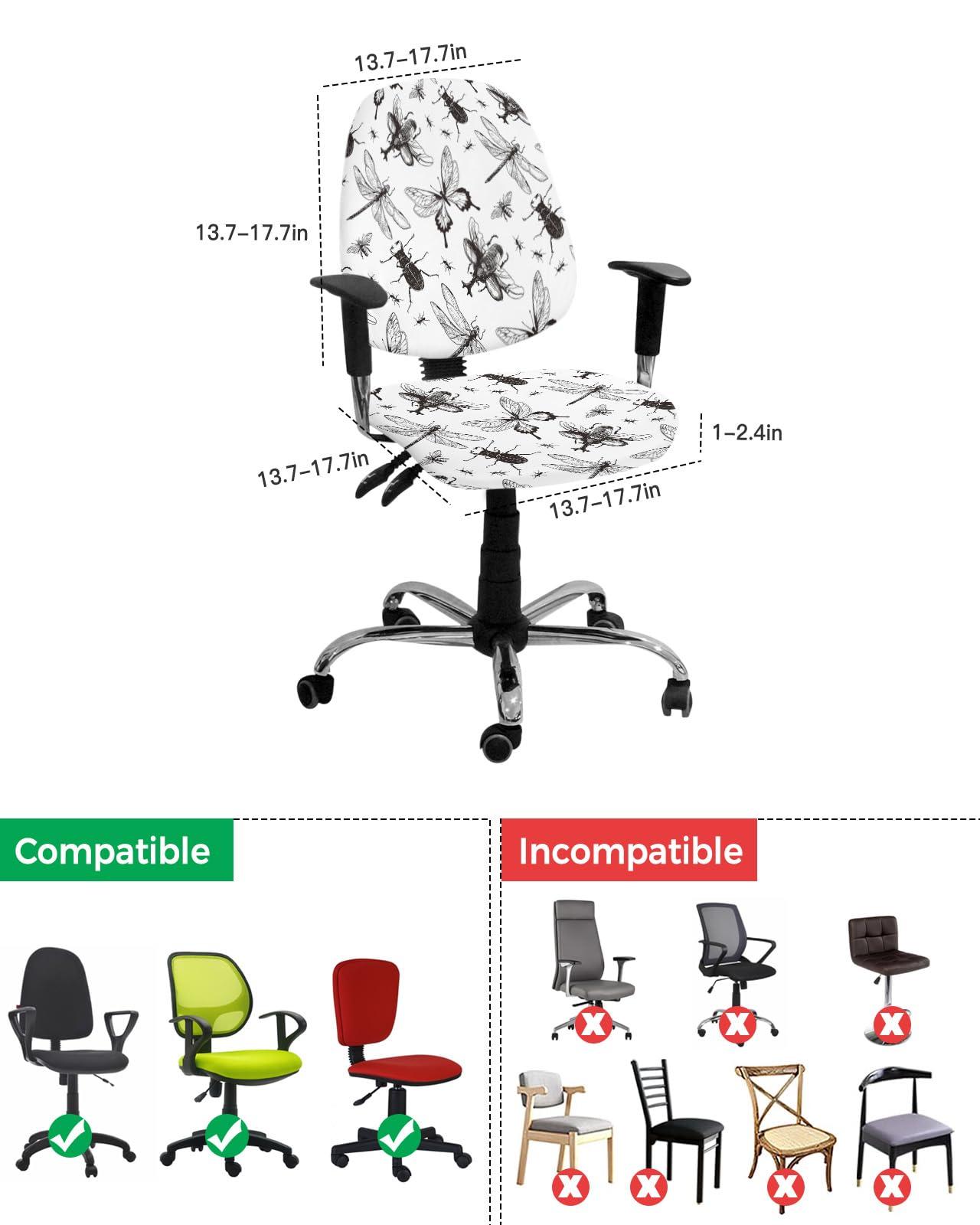 Prime Leader Office Chair Cover, Black Various Butterfly Dragonfly Cicada Art Prints Computer Office Chair Covers, Universal Elastic Stretchable Rotating Chair Slipcover, Removable & Washable Chair Protector
