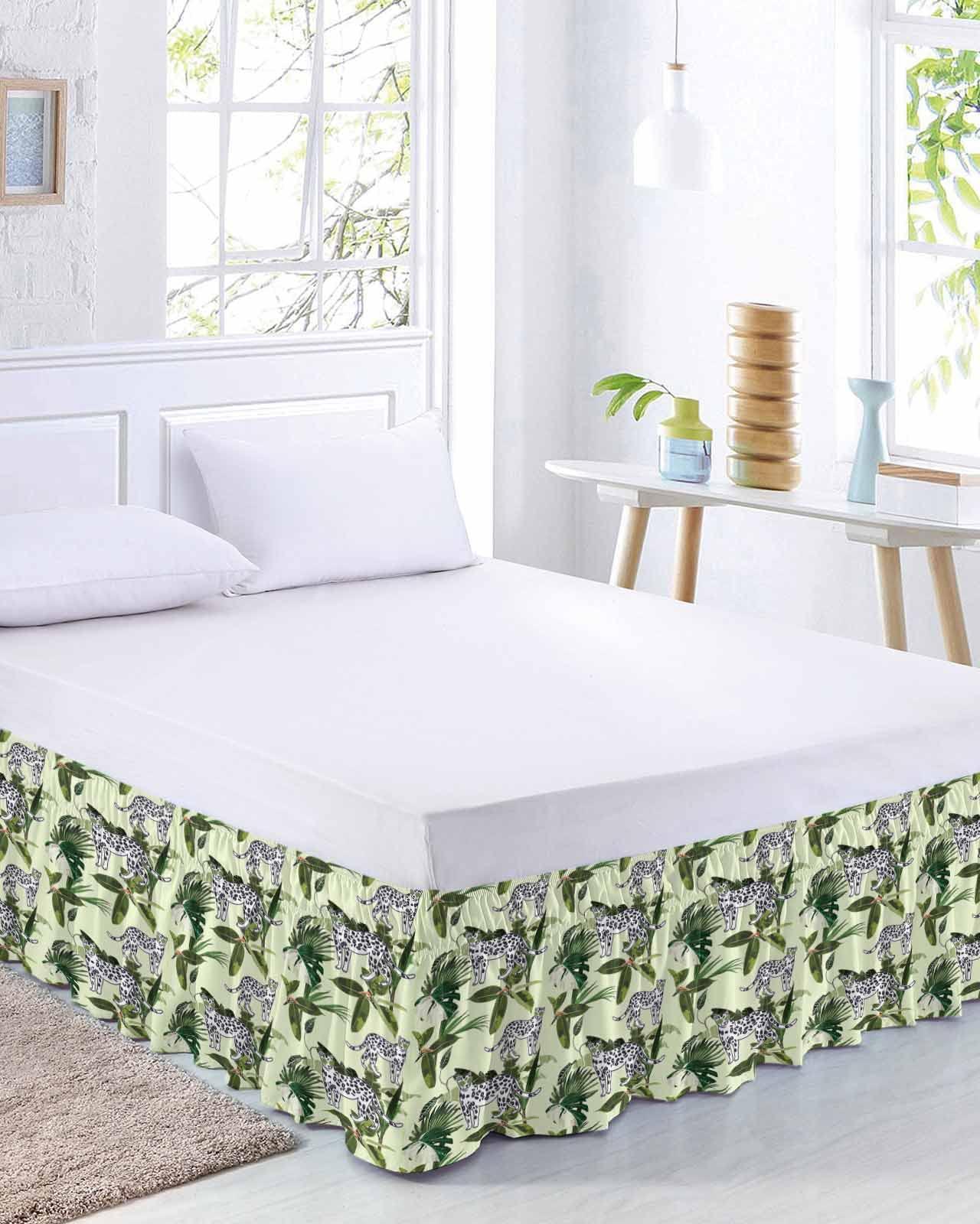 Sabolny Leopard Print Bed Skirt Cal King Size 16 Inch Drop, Adjustable & Elastic Wrap Around Bed Skirts Pleated Luxury Dust Ruffles for Twin Full Queen Cal King Base Bed, Summer Tropical Tree Plant Leaves