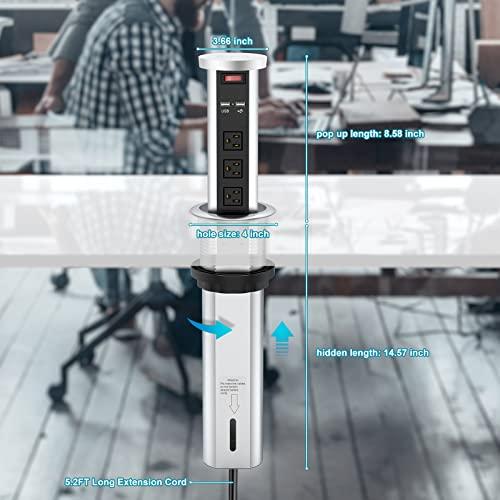 QBA Automatic Pop Up Power Outlet, Popup Wireless Charging Station with 3AC Plugs + 2 USB, Pop up Electrical Outlets for Countertops, Recessed Hidden Outlet for Kitchen Island Conference (Silver Black)