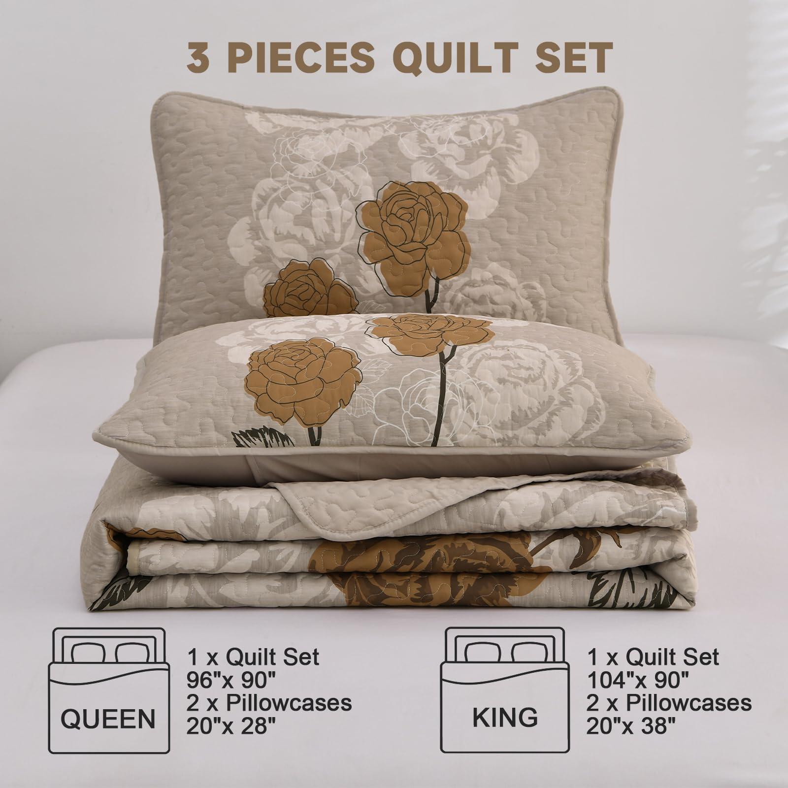 Anibedding Anibedding Floral Quilt Set Queen Size,Elegant Brown Floral Printed Bedspread Coverlet 3 Pieces Soft Microfiber Bedding Set with 2 Pillowcases for All Season(96\"90\")