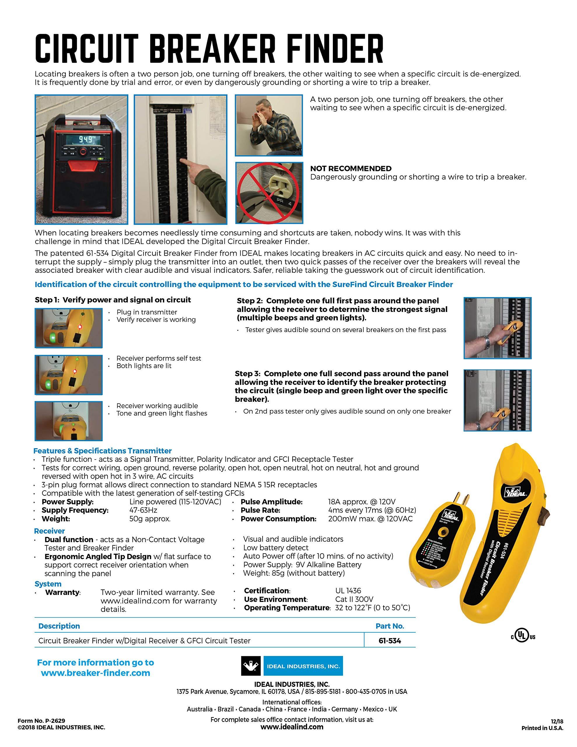 Ideal Industries IDEAL Electrical 61-534 Digital Circuit Breaker Finder with Digital Receiver and GFCI Circuit Tester,Yellow
