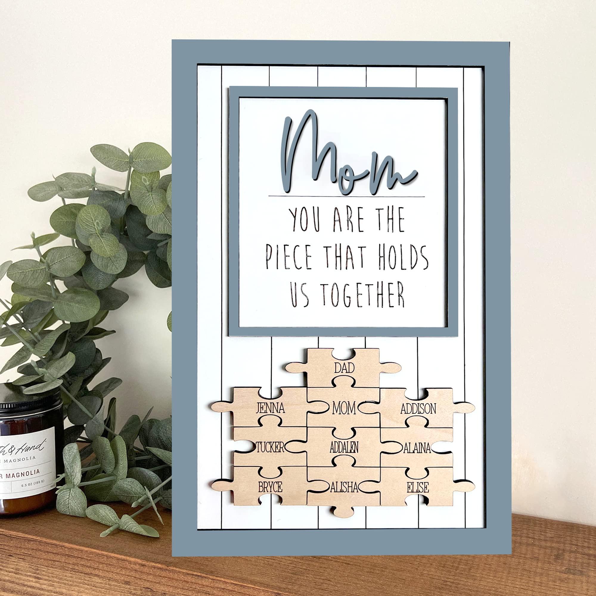 NAZENTI NAZENTI Personalized Mom Puzzle Sign, Custom Mom You Are The Piece That Holds Us Together With Family Name Sign, Puzzle Piece Sign, Birthday Christmas Mothers Women Day Gift From Kid, Mom Grandma Gift