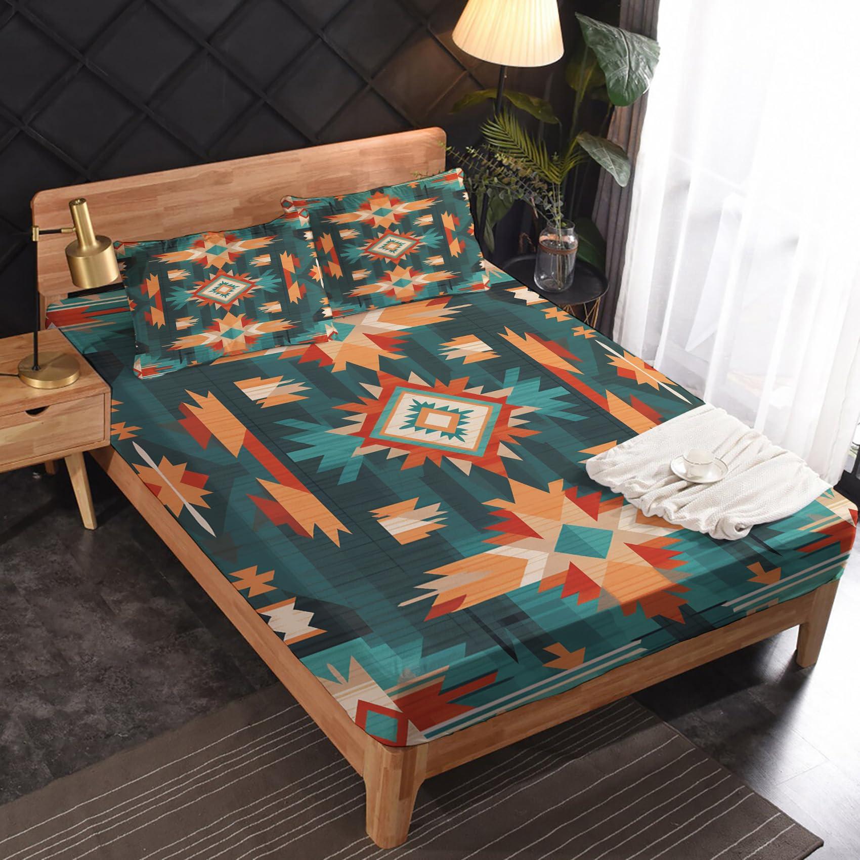 zcsm King Size Sheets Set - Aztec Bed Sheets, Southwestern Native American Bedding Sheets & Pillowcases, Soft Microfiber & Deep Pocket & Wrinkle Free Sheet Set, 1 Fitted Sheet, 1 Flat Sheet, 2 Pillow Cases