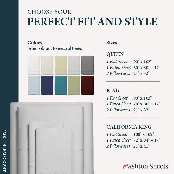 Ashton Sheets Ashton Sheets 100% Egyptian Cotton Sheets Queen Size - 1500 Thread Count 4 PC Queen Sheet Set Egyptian Cotton, Sateen Weave Sheets Queen Size, High Thread Count Sheets, 19\" Deep Pocket - Light Grey