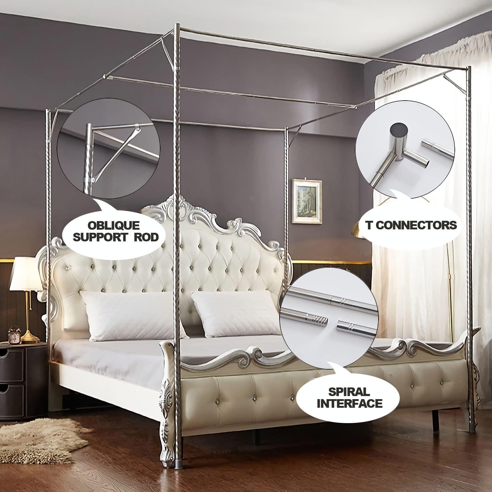 Usknxiu Usknxiu Canopy Bed Frame Queen, More Stable Stainless Steel Canopy Bed Frame/Full/King Size/Twin, Spiral Connection Canopy Poles for Bed,33mm,2L*1.5W*1.95H(m)