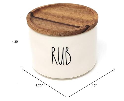 Magenta Collection Rae Dunn by Magenta, unique with perfect imperfections. SPICE, BBQ, RUB- Stacked ceramic canister set, beige, black LL, 10in x 4.25in x 4.25in