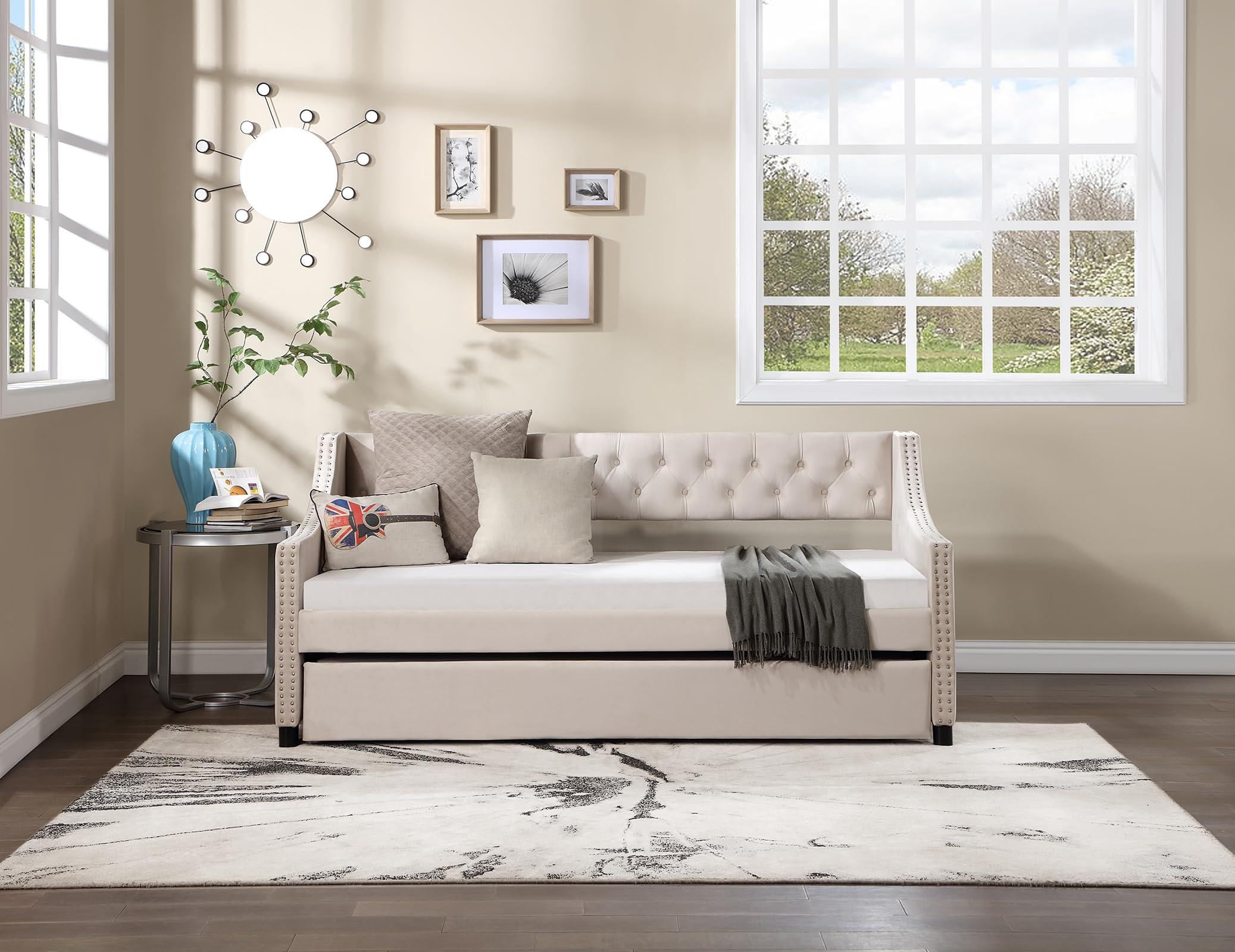 SCANORDIC SCANORDIC Daybed with Trundle, Modern Sofa Bed with Button and Copper Nail on Arms, No Box Spring Needed Perfect Furniture for Bedroom Living Room Guest Room,Beige