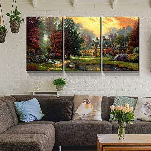 Denozer Denozer - 3 Panels Canvas Wall Art Thomas Kinkade Garden Landscape Oil Painting for Home Decor Stretched and Framed Ready to Hang - 18"x24"x3 Panels Wall Decor