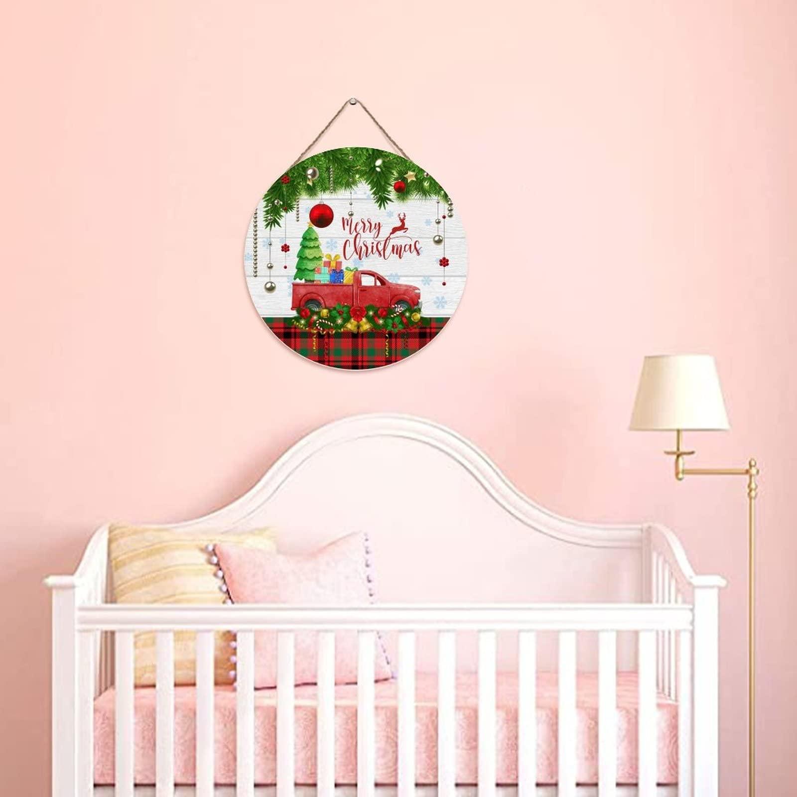 Wodevor Merry Christmas Tree Truck Wood Plaques Red Truck Christmas Tree Hanging Sign Wooden Wall Table Sign Rustic Wood Sign Personalized Wooden Signs 12x12in Round