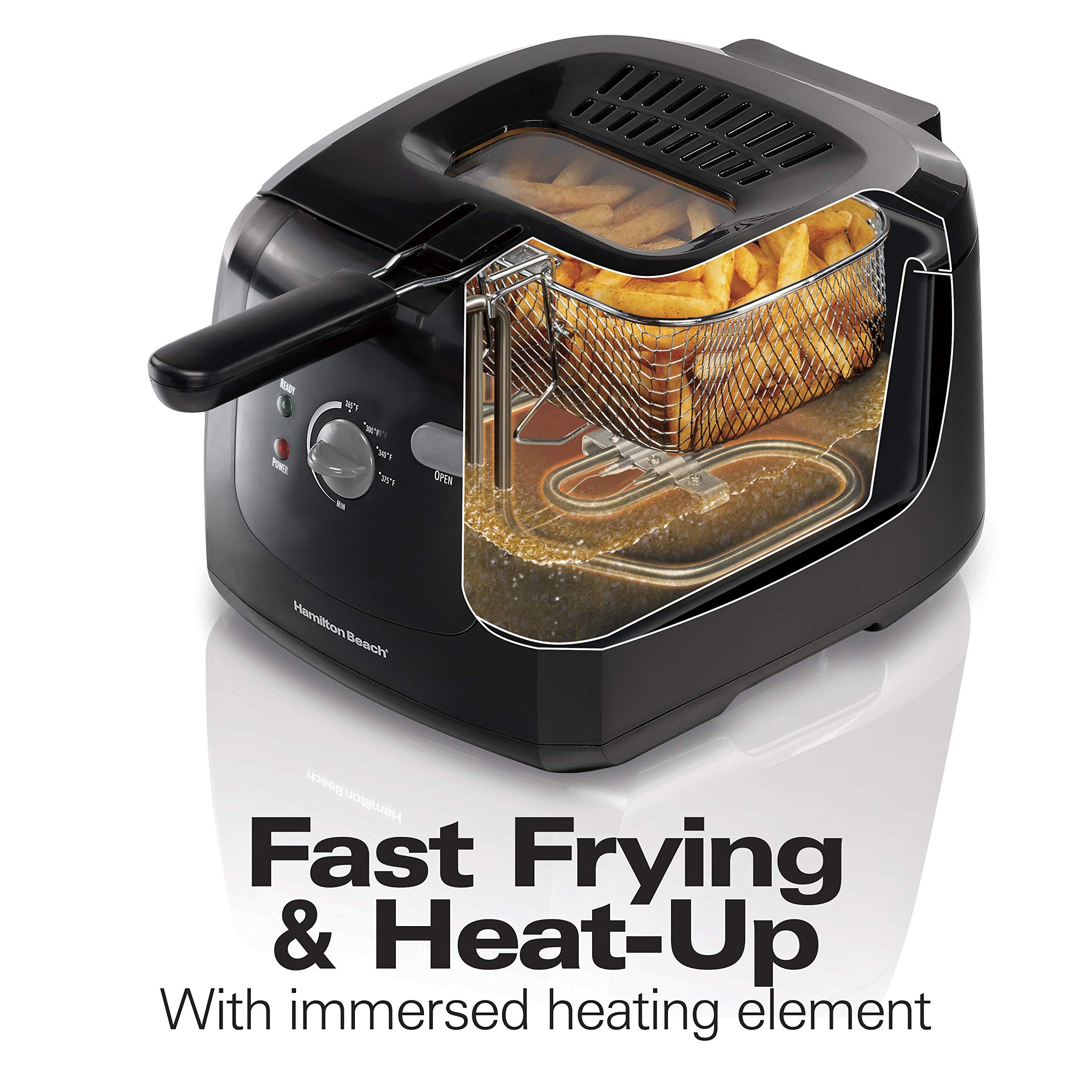 Hamilton Beach Hamilton Beach Cool Touch Electric Deep Fryer with Basket and Lid, 2 Liters / 8 Cups Oil Capacity, Adjustable Temperature, 1500 Watts for Fast Heat-up, Viewing Window, Easy to Clean, Black (35021)