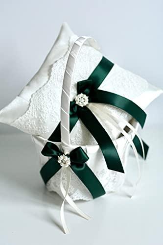 Alex Emotions Flower Girl Basket Hunter Green, Ring Bearer Pillow Ivory and Lace Flower Basket, Wedding Ring Pillow Wedding, wedding flower girl baskets (Off-White, 1 Pillow + 1 Basket)