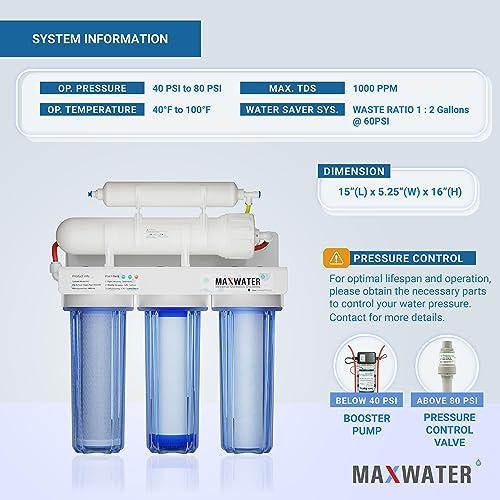 Max Water Max Water 5 Stage 50 GPD (Gallon Per Day) RO (Reverse Osmosis) Standard Water Filtration System - Under-Sink/Wall Mount (Without Tank & Faucet) - Model: RO-5C3