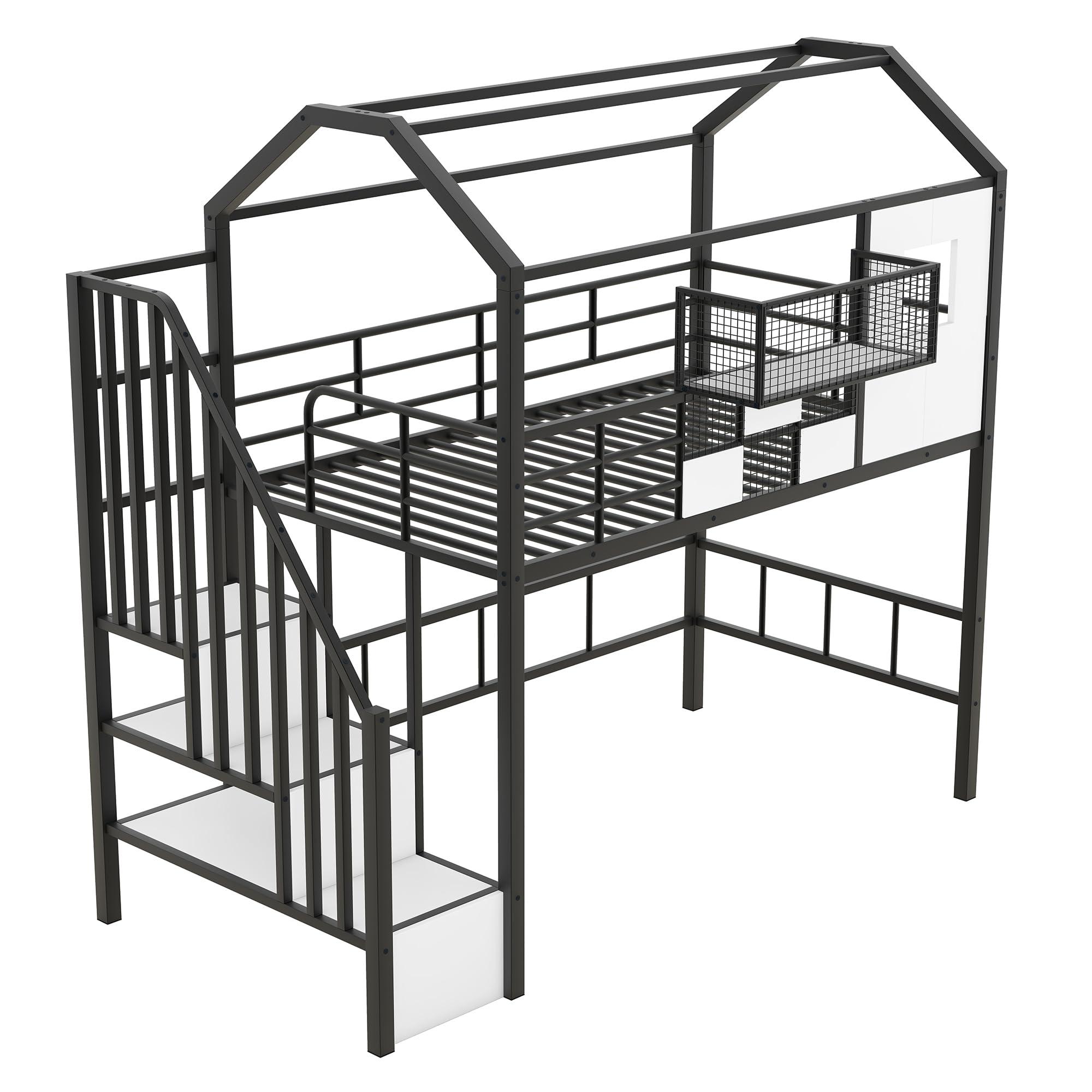 JIVOIT JIVOIT Metal Loft Bed Frame with Roof Design, A Storage Box and Storage Staircase, Twin Size House Bunk Bed with Integrated Ladder, Full-Length Guardrails, Metal Slat Support (Black,Storage Box)